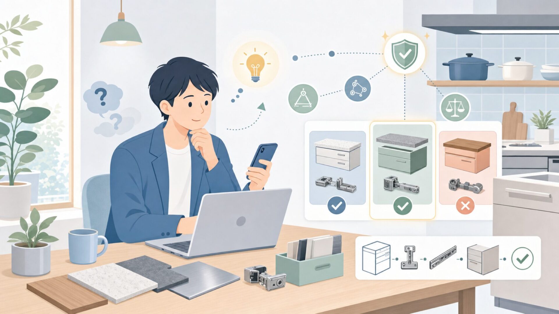 ドイツ品質を支える素材と技術、日本のキッチンとの相性を表すイラスト