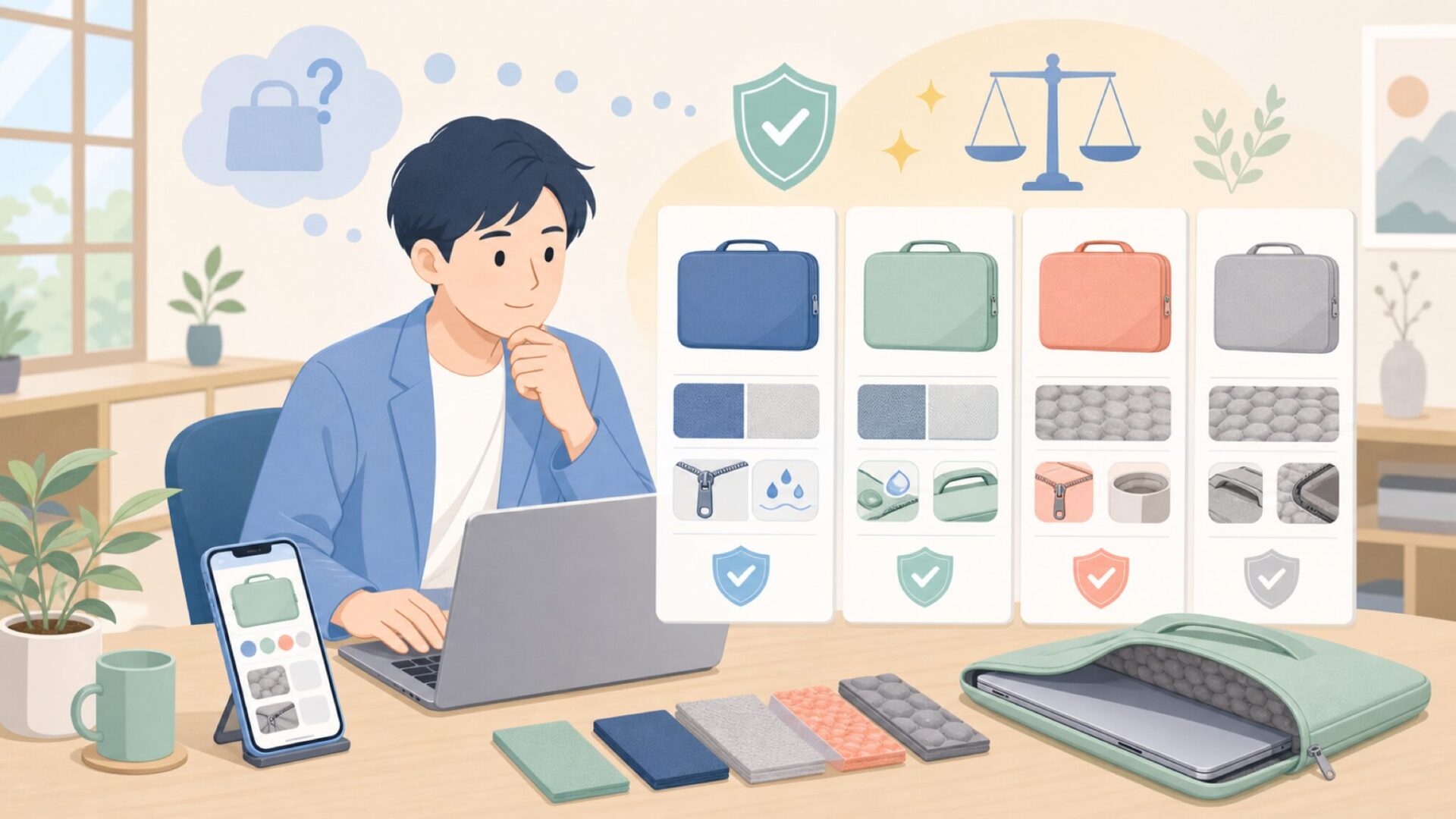パソコンケースとしての品質を左右する素材・機能をチェックするを表すイラスト