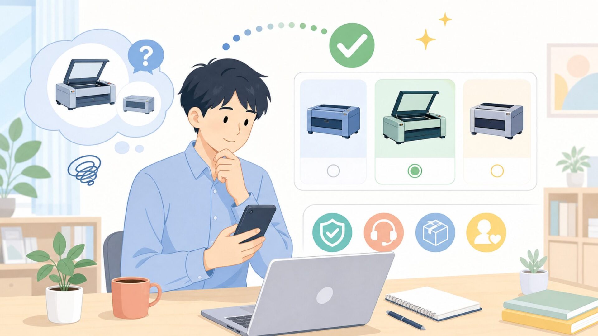 Comgrowの品質とサポートを購入前に見極めるポイントを表すイラスト