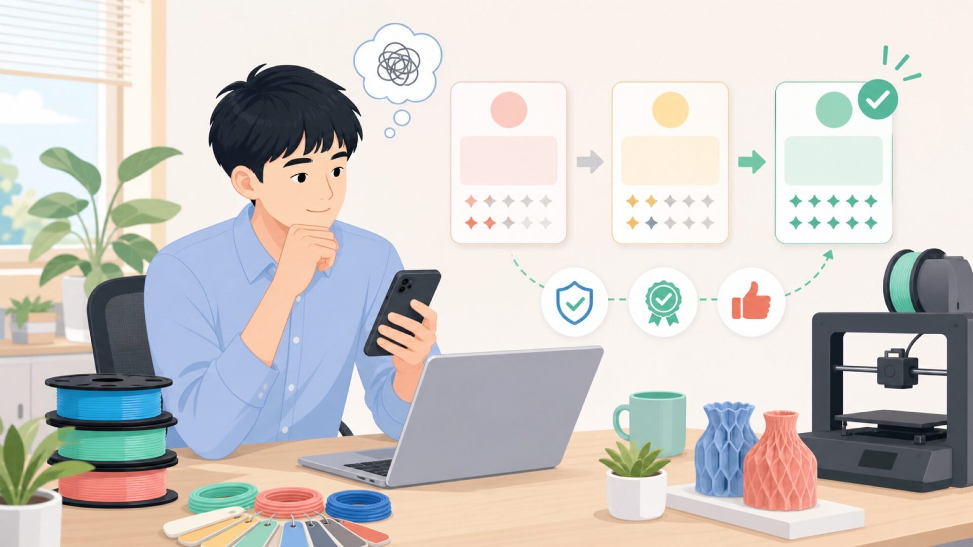 Jayoフィラメントの品質とレビューの傾向を表すイラスト