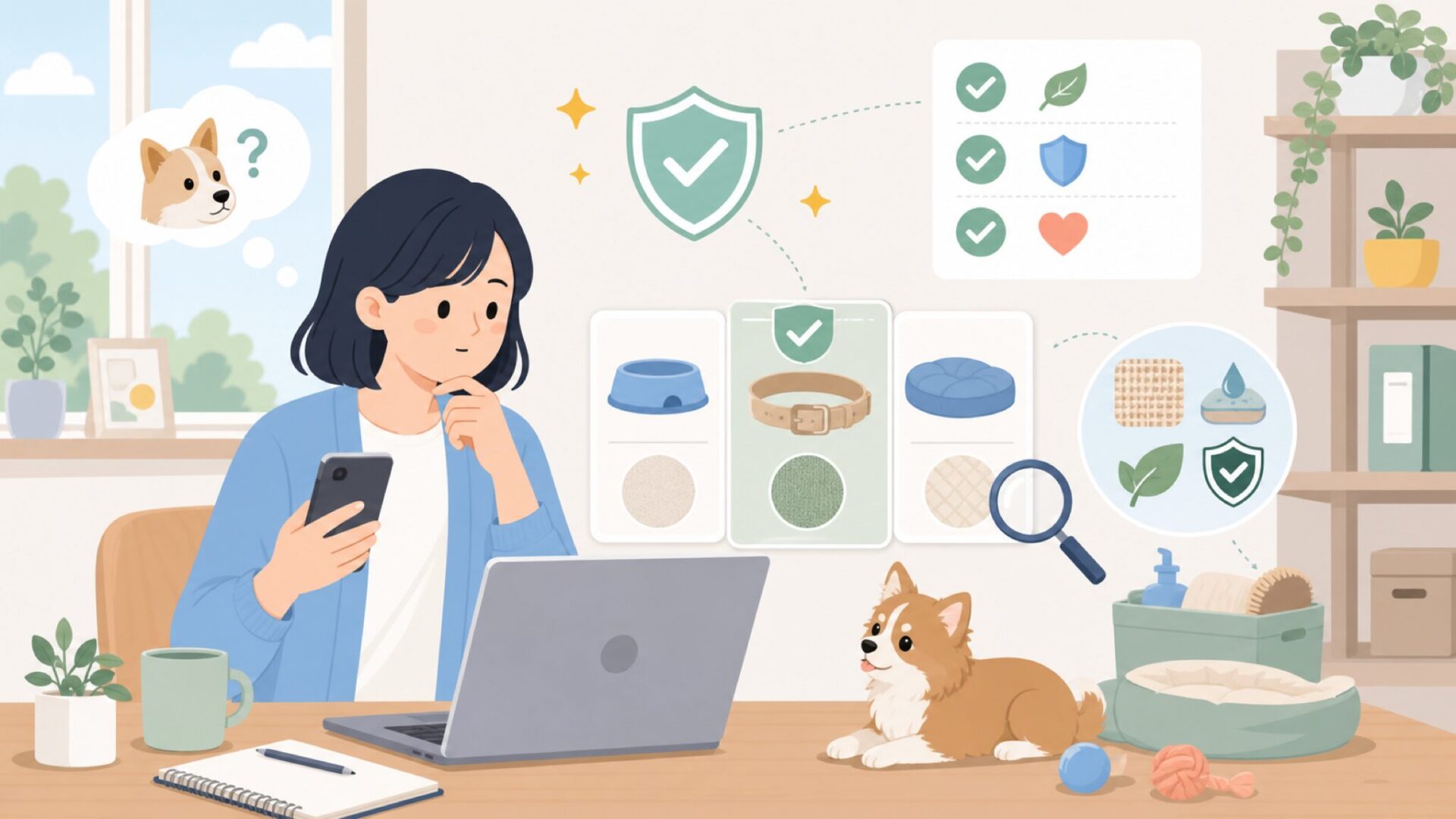 愛犬に使っても安全?品質と安全性チェックポイントを表すイラスト