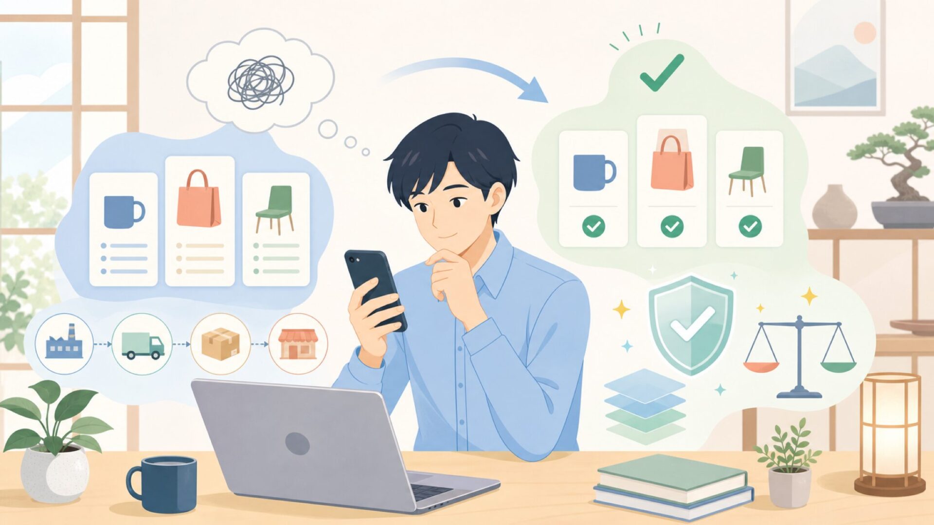 なぜ安い？価格のからくりと品質のバランスを表すイラスト