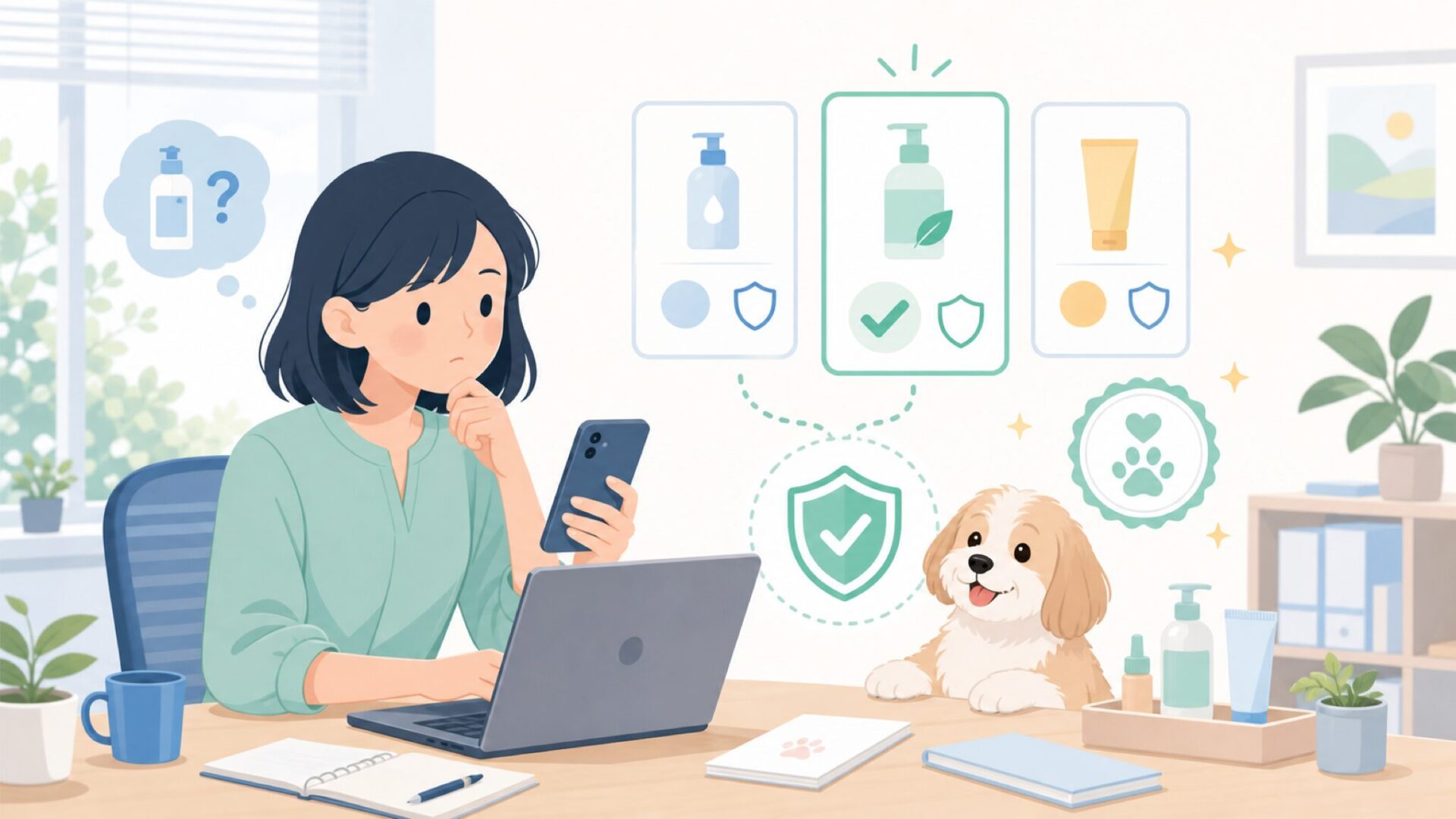 愛犬の肌に使っても大丈夫？安全性と品質へのこだわりを表すイラスト