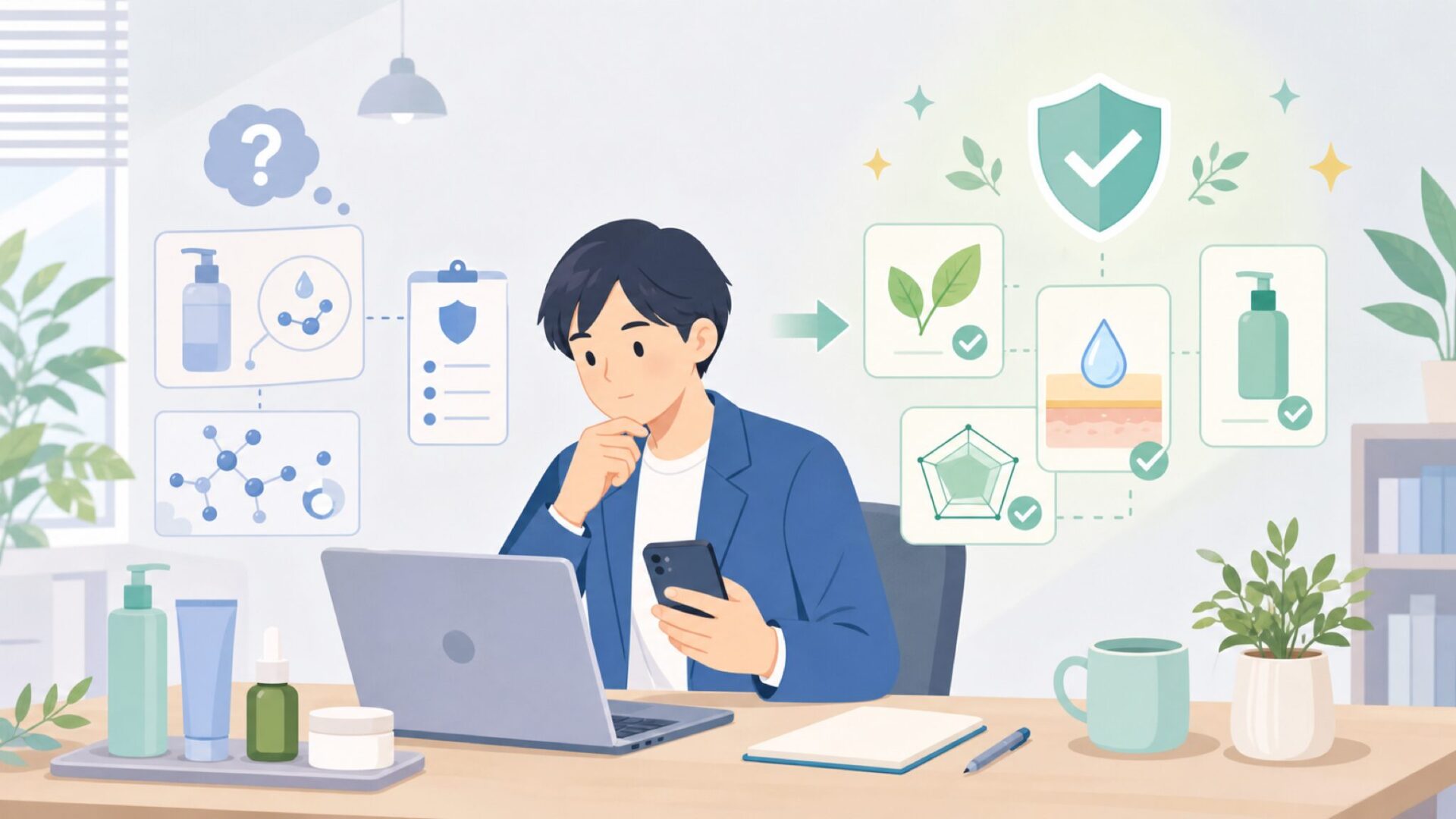 安全性は大丈夫？成分と品質へのこだわりをチェックを表すイラスト