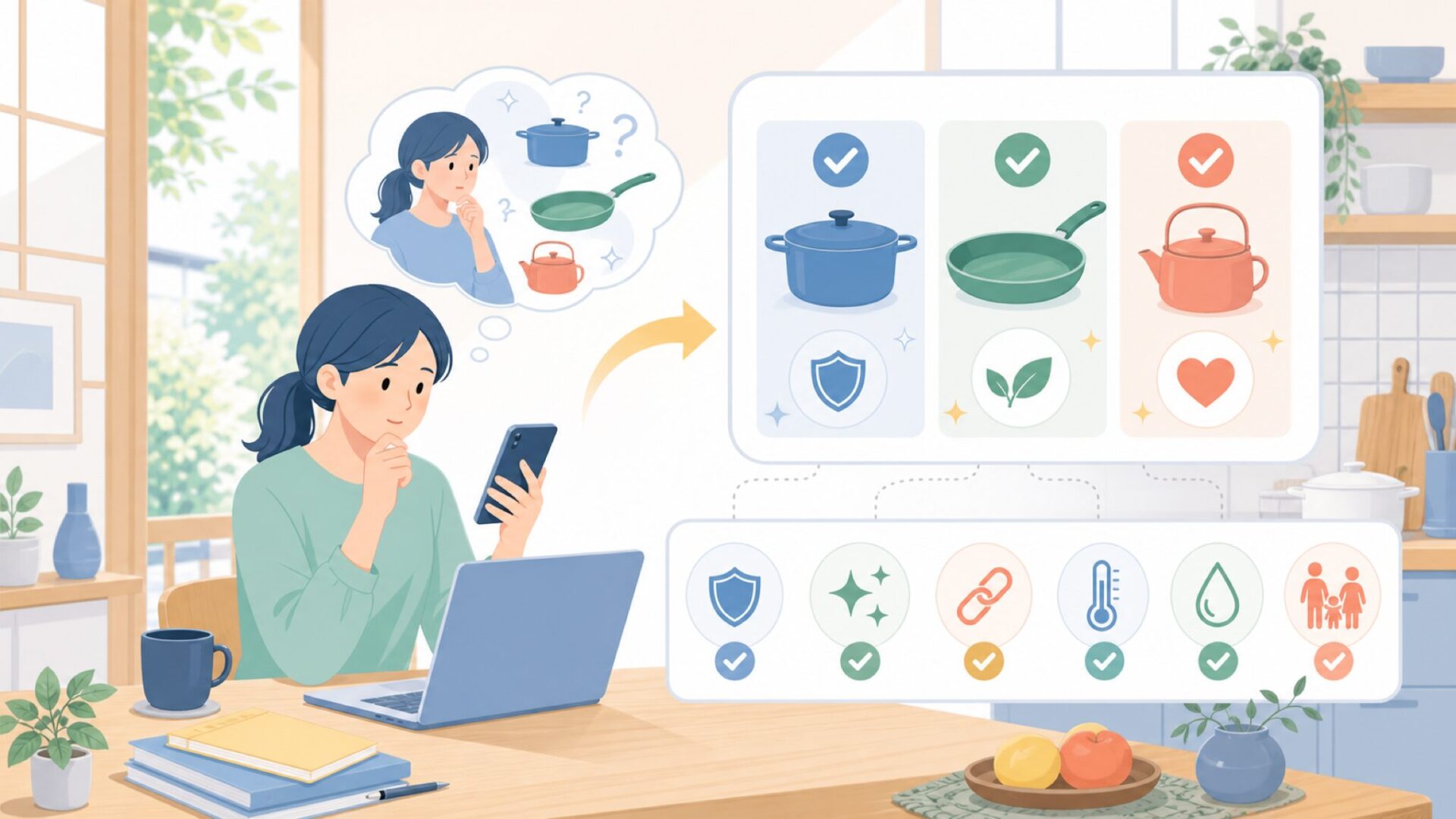 購入前に確認したい品質・安全性のポイントを表すイラスト