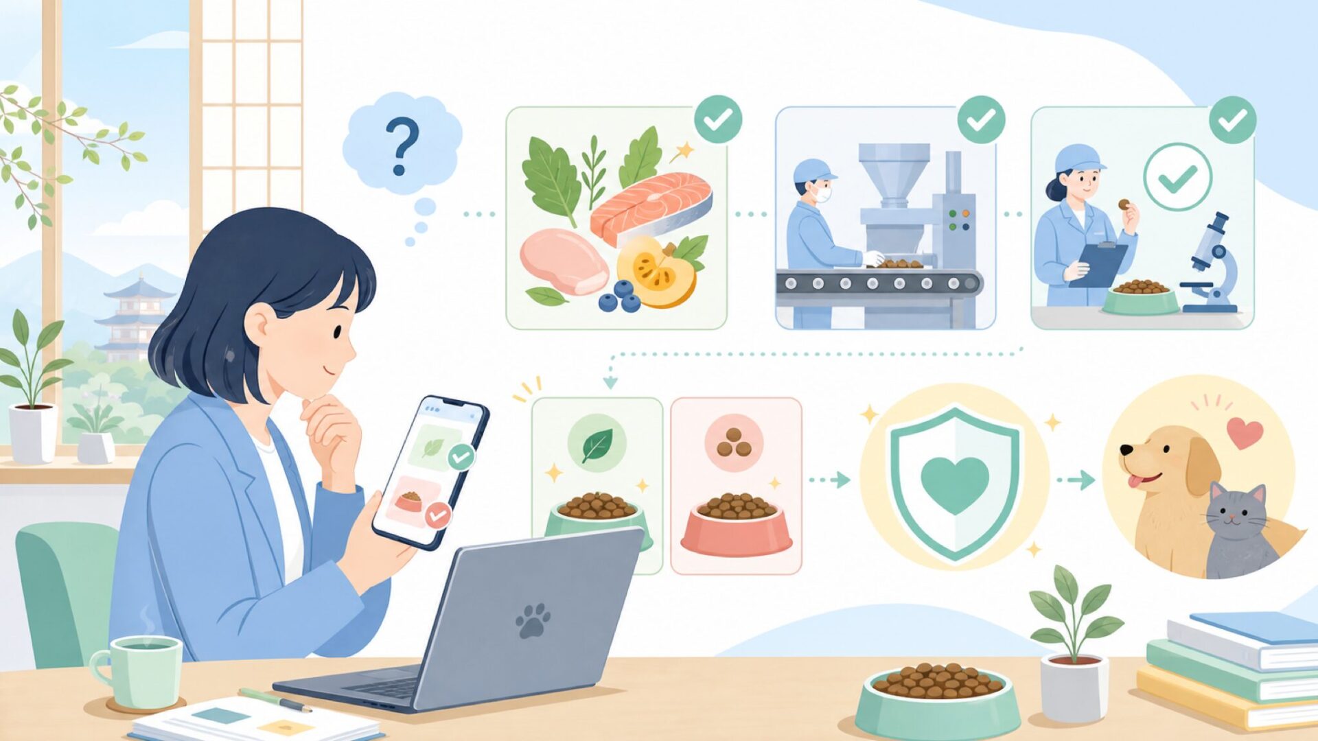 Almo Natureが選ばれる理由 原材料へのこだわりと品質管理を表すイラスト
