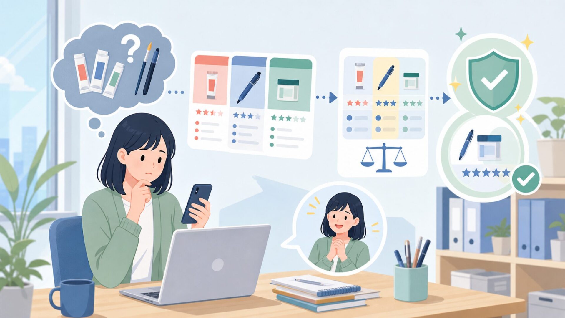 品質は信頼できる?ホルベインなど他ブランドと比べた位置づけとレビューを表すイラスト