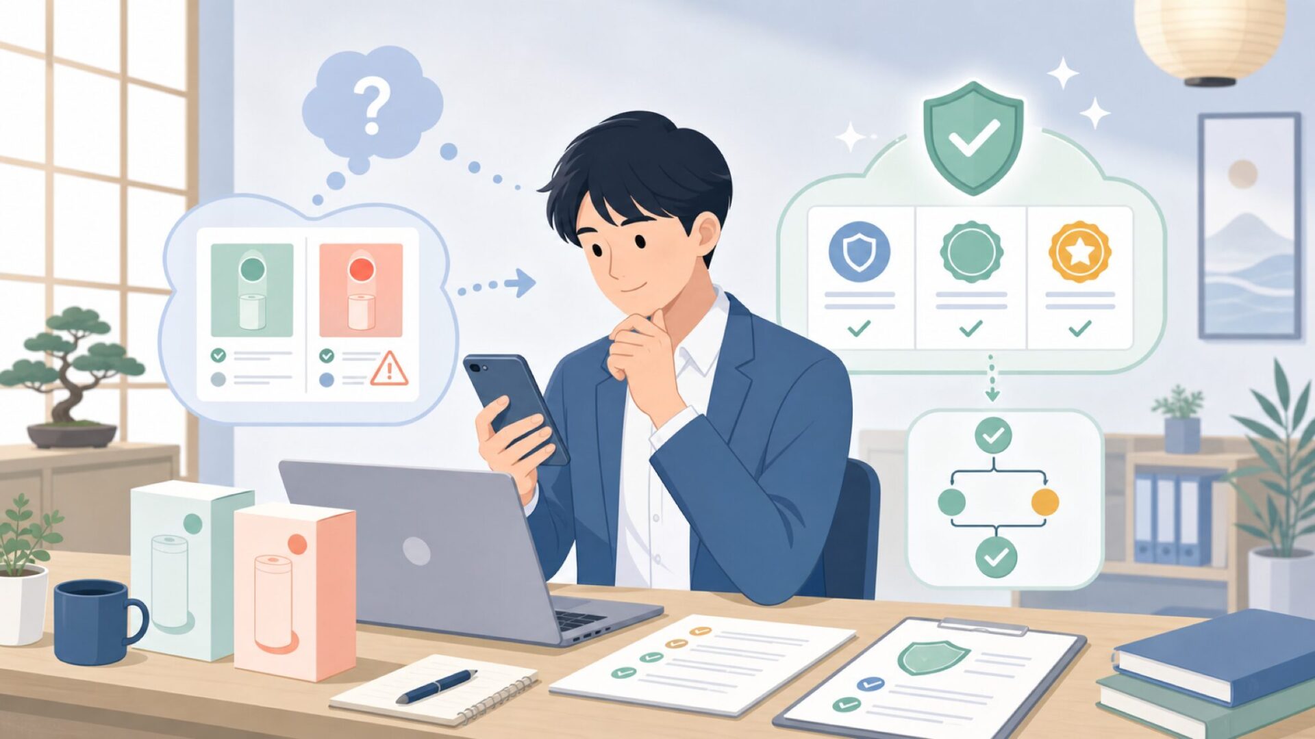 安全性は信頼できる?認証と品質へのこだわりを表すイラスト