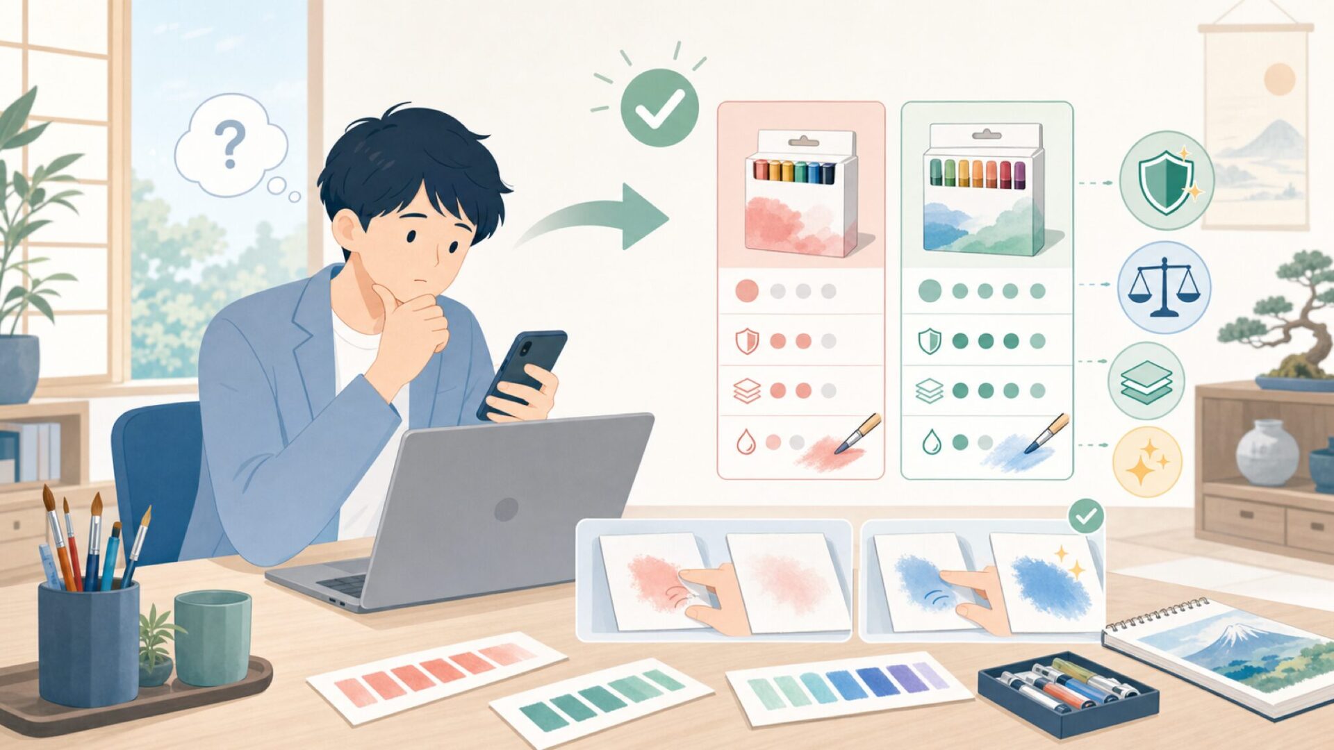 安価な画材と比べて品質は大丈夫かを表すイラスト