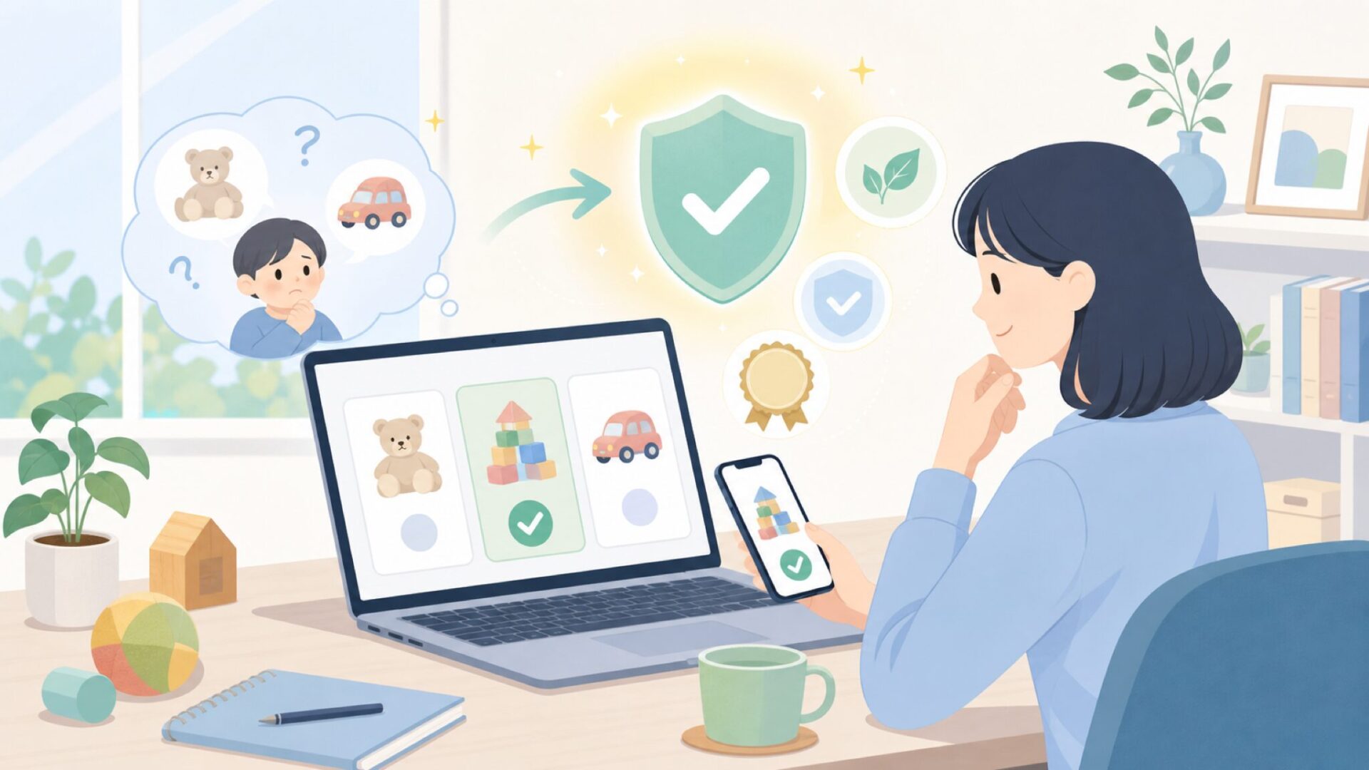 子どもへのギフトに安心して選べる理由——品質と安全性を表すイラスト