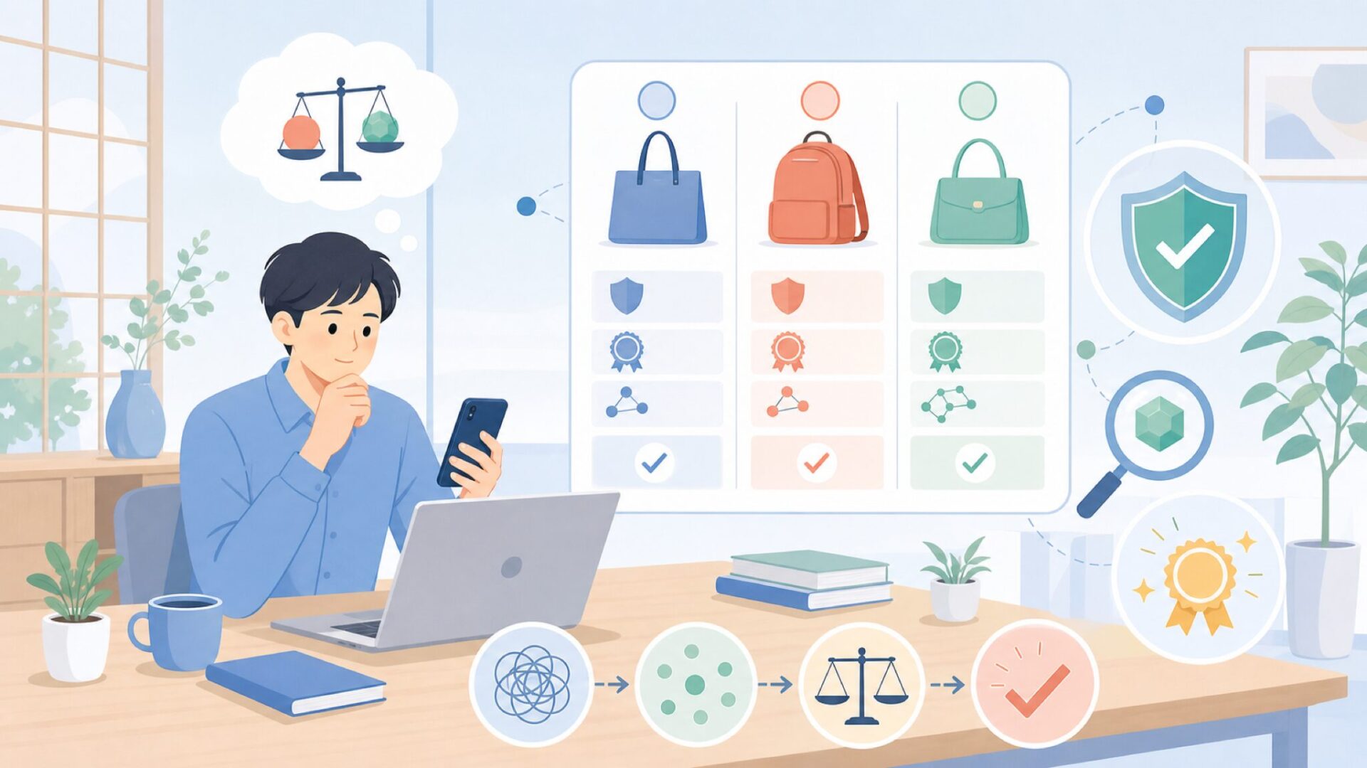 価格に見合う価値はある?品質へのこだわりを検証を表すイラスト