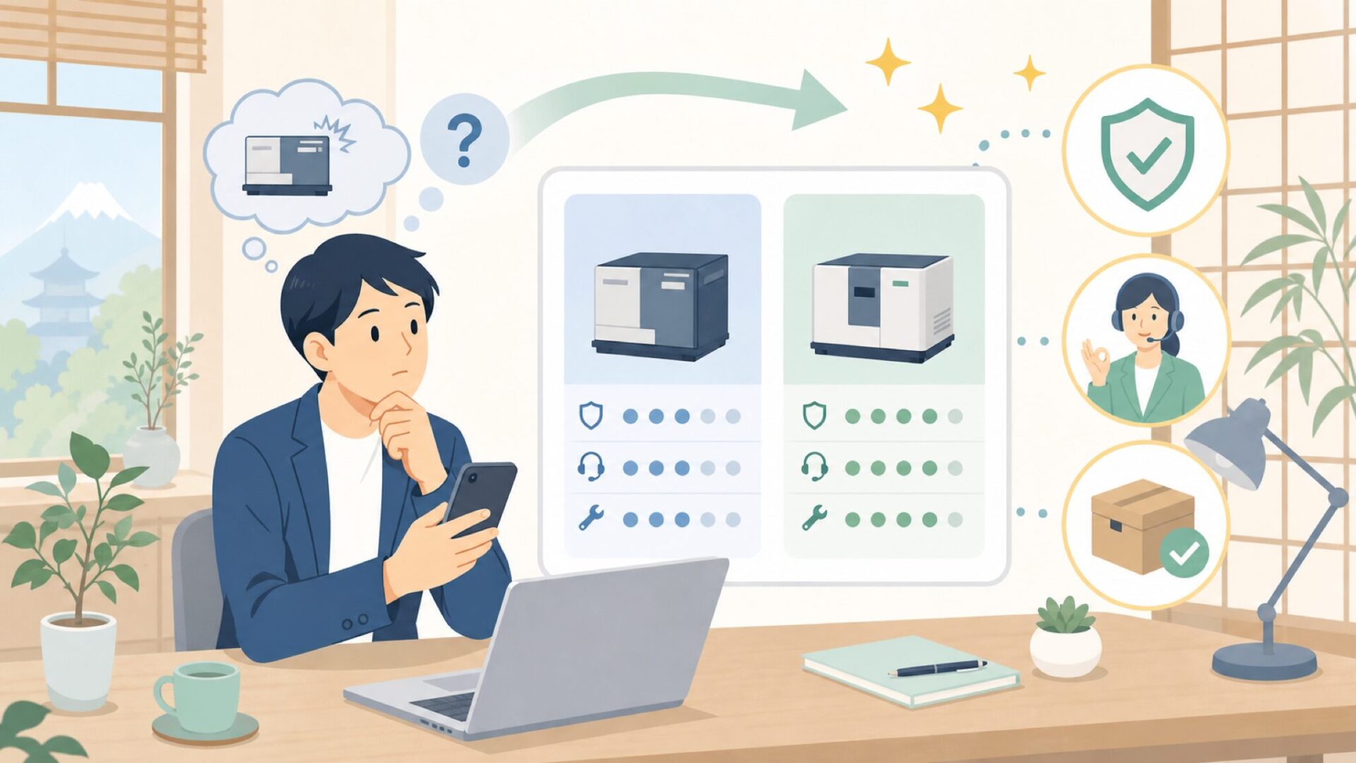 品質とサポート面で信頼できるかを見極めるポイントを表すイラスト