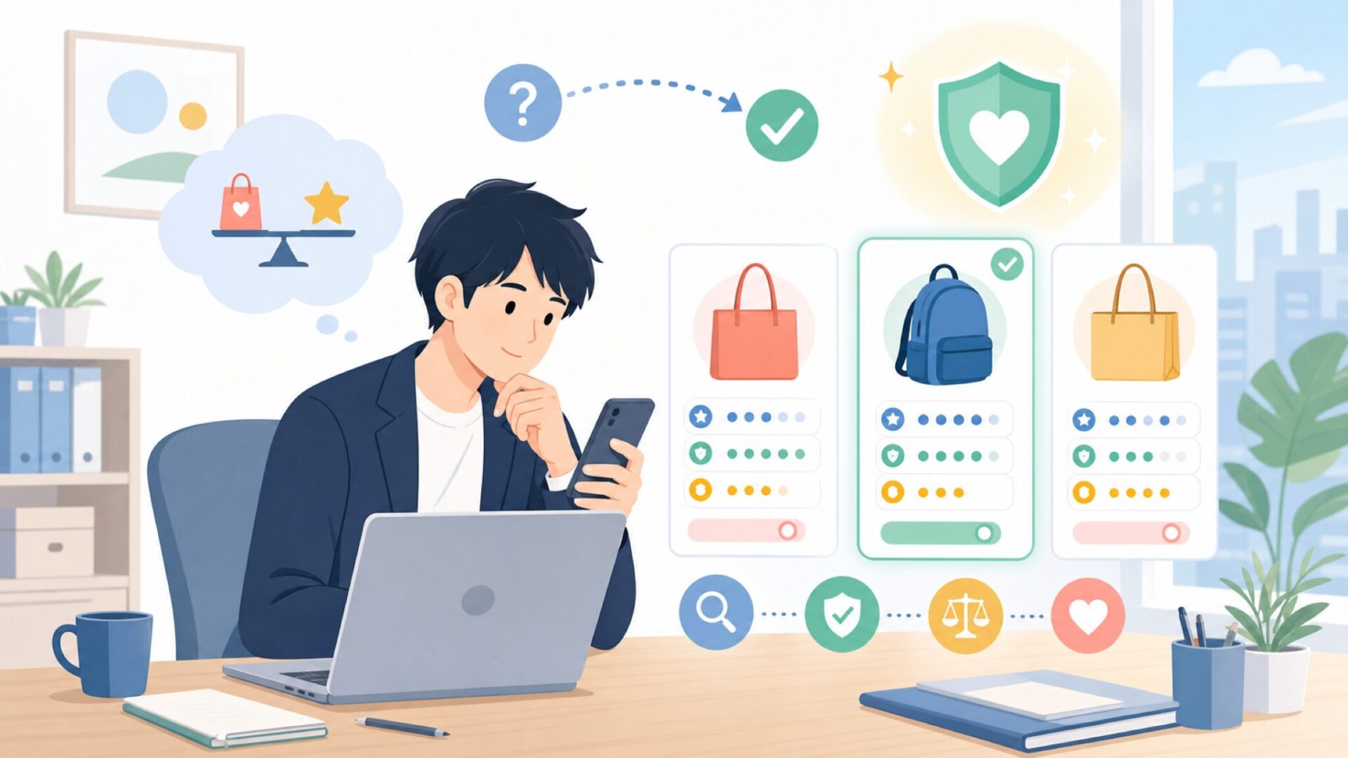 価格と品質のバランスをどう見極めるかを表すイラスト