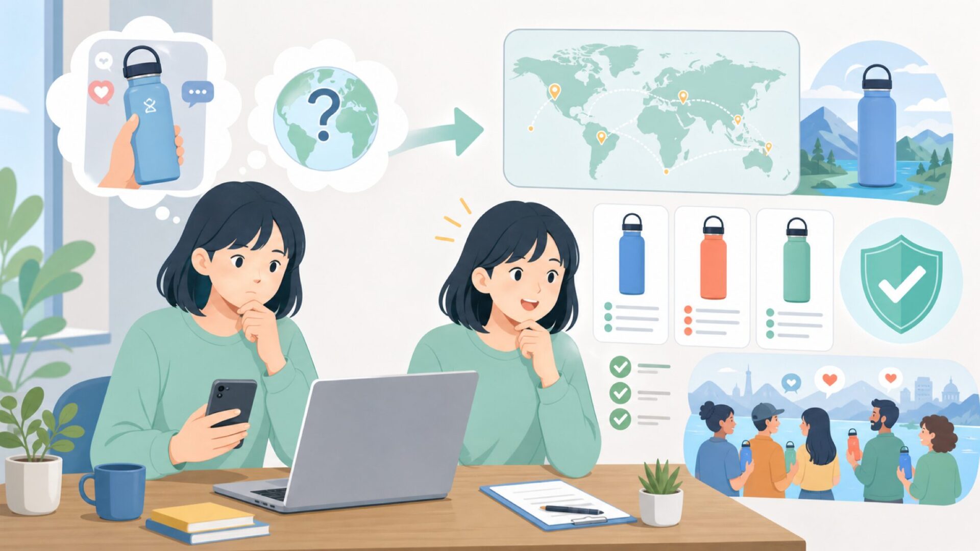 Hydro Flaskはどこの国のブランド？誕生の背景と世界的な広がりを表すイラスト