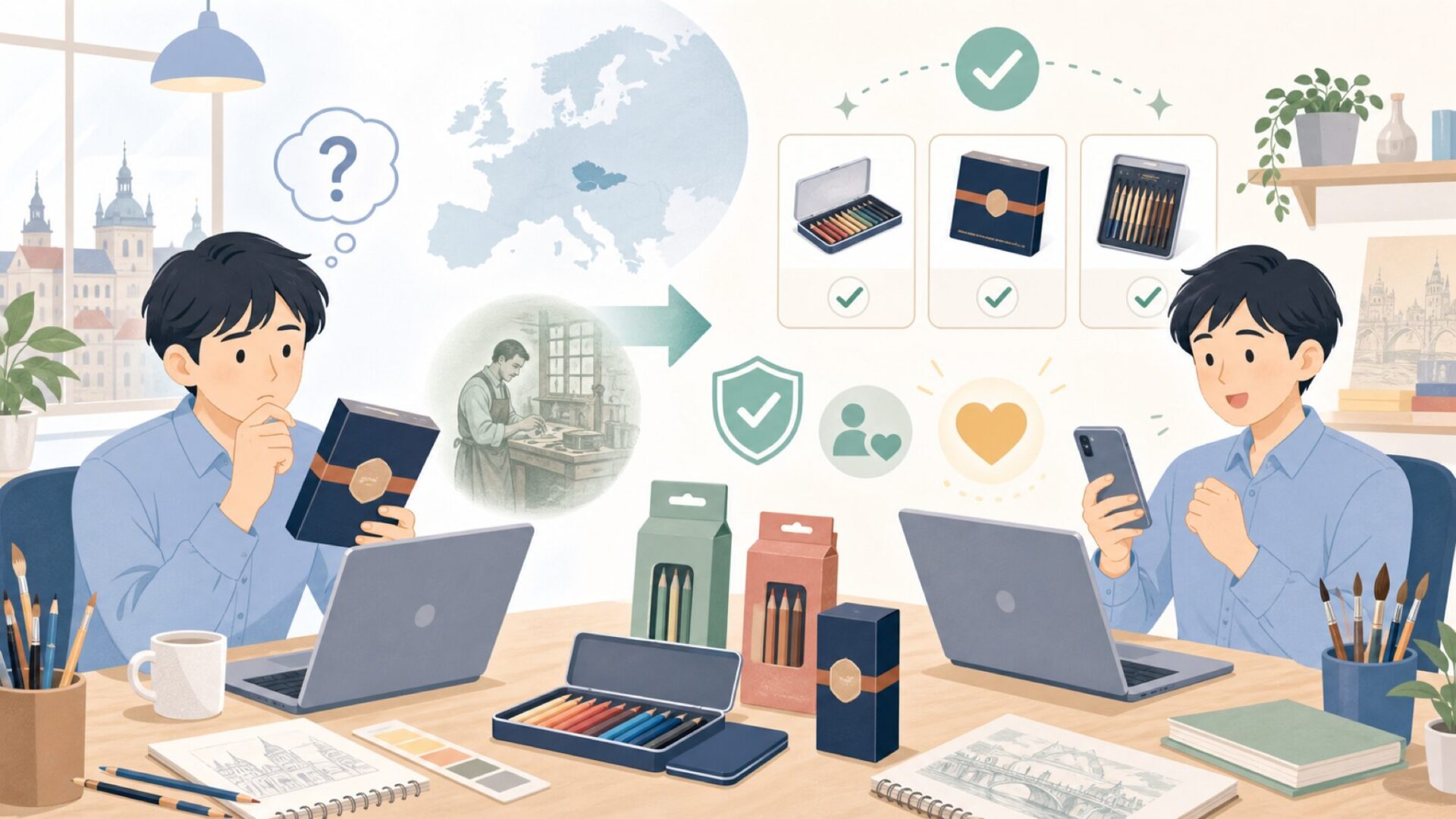 Koh-I-Noorはどこの国の画材ブランド?チェコ発の老舗メーカーを表すイラスト