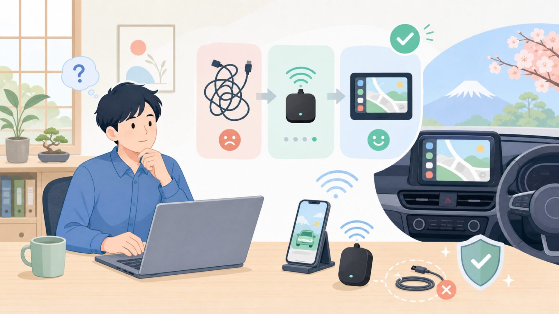 AAWirelessとは何か？ケーブルなしでAndroid Autoを使う仕組みを表すイラスト
