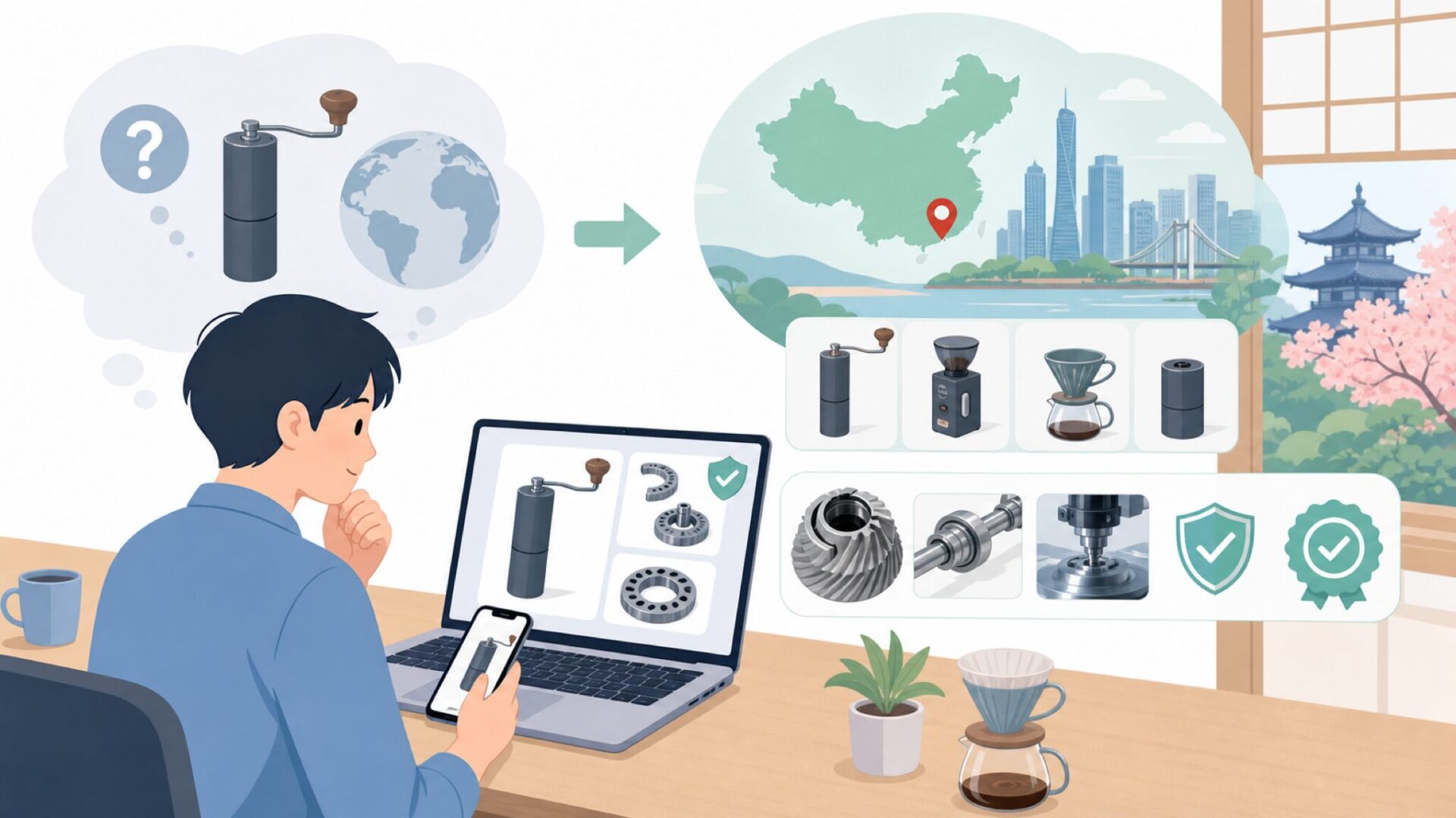 TIMEMOREコーヒーミルはどこの国のブランドなのかを表すイラスト