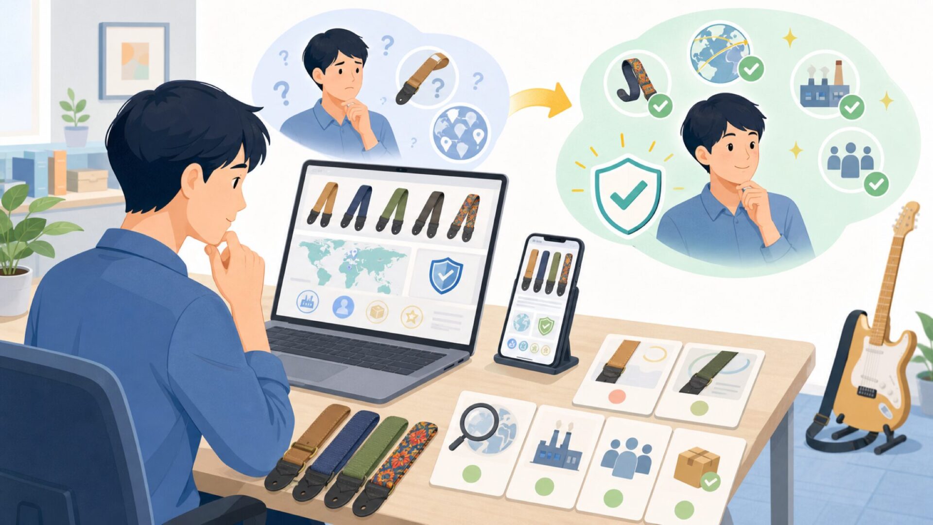 Levy'sギターストラップはどこの国のブランド?信頼できる海外ブランドなのかを表すイラスト
