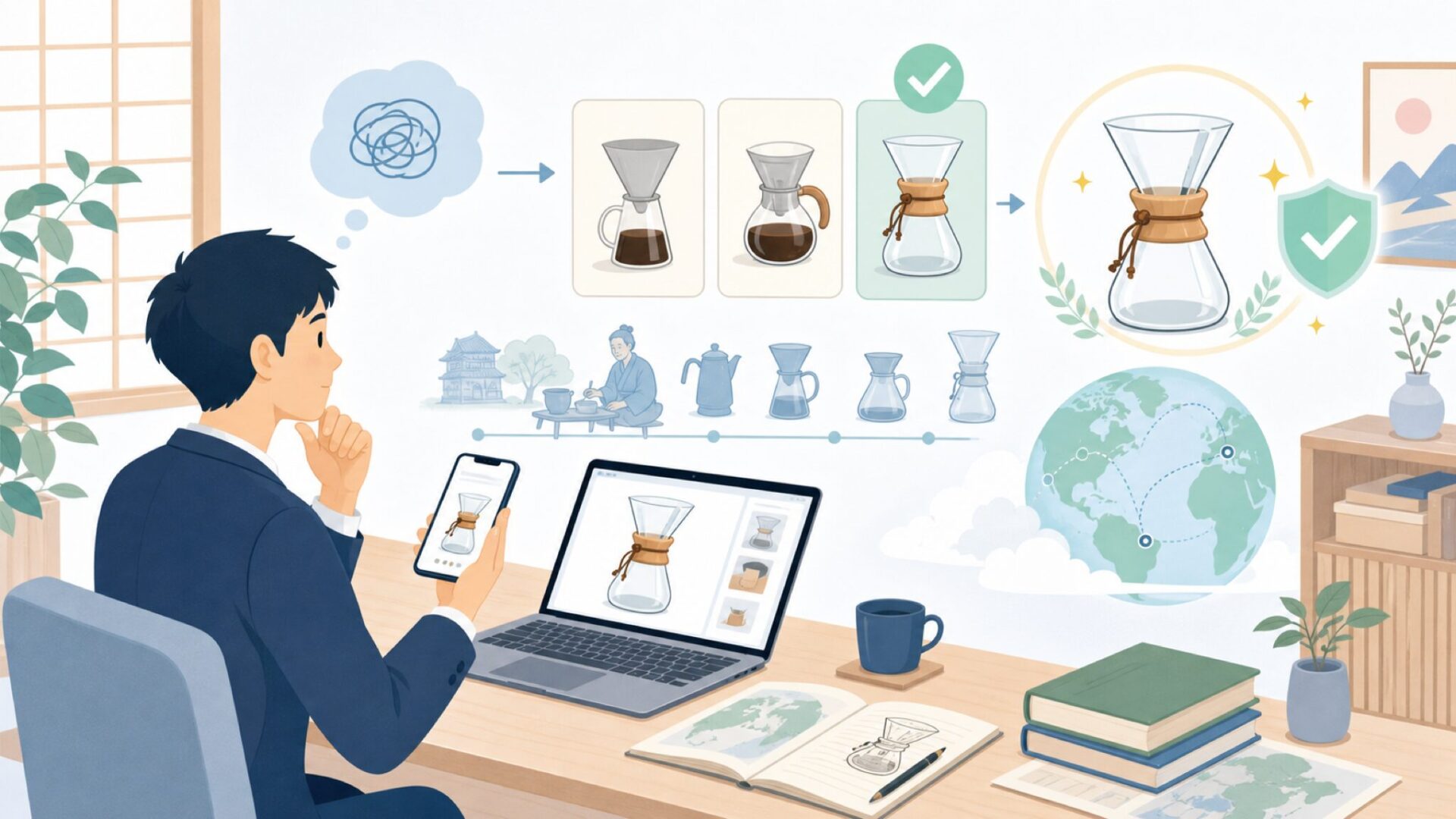 Chemexコーヒーメーカーはどこの国生まれ?歴史と成り立ちを表すイラスト