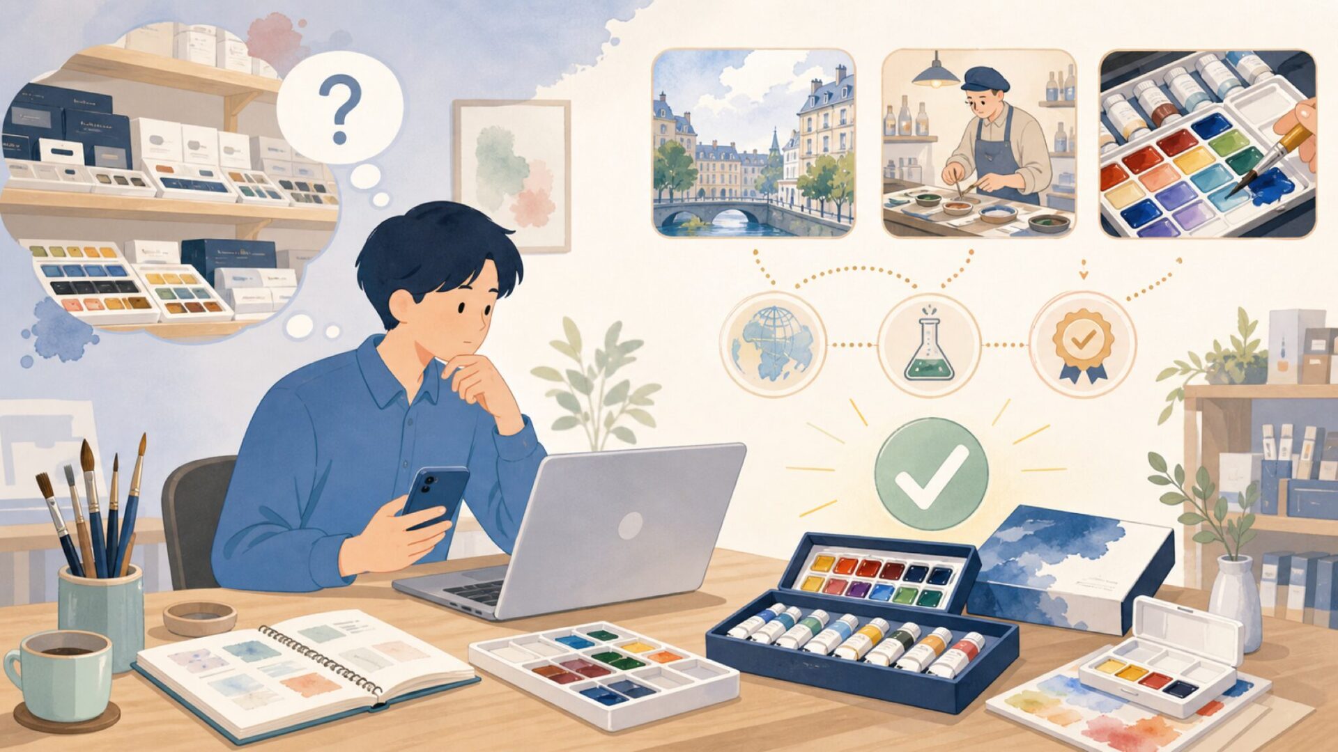 セヌリエ水彩絵具はどこの国のブランド?フランスの歴史と代表製品を表すイラスト