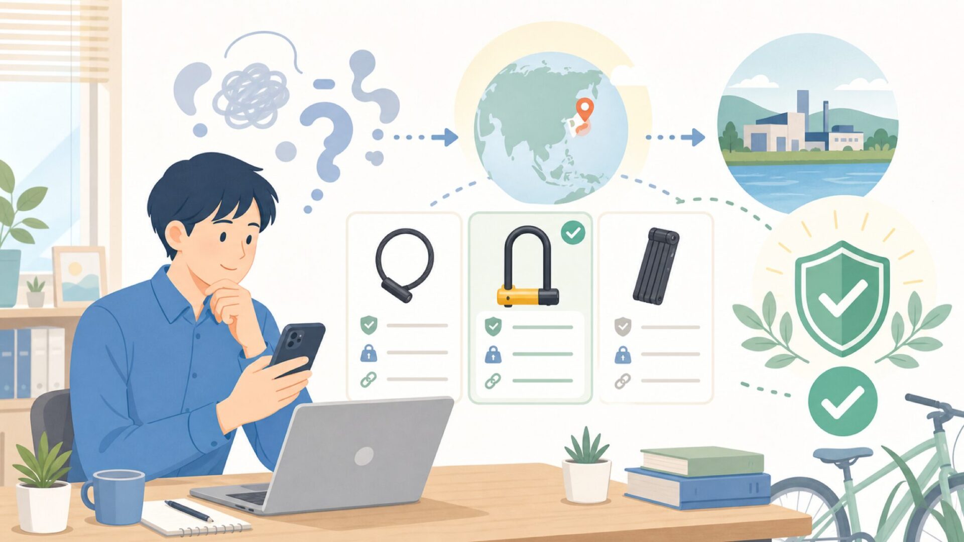 Kryptoniteは何処の国で生まれた自転車鍵ブランドなのかを表すイラスト