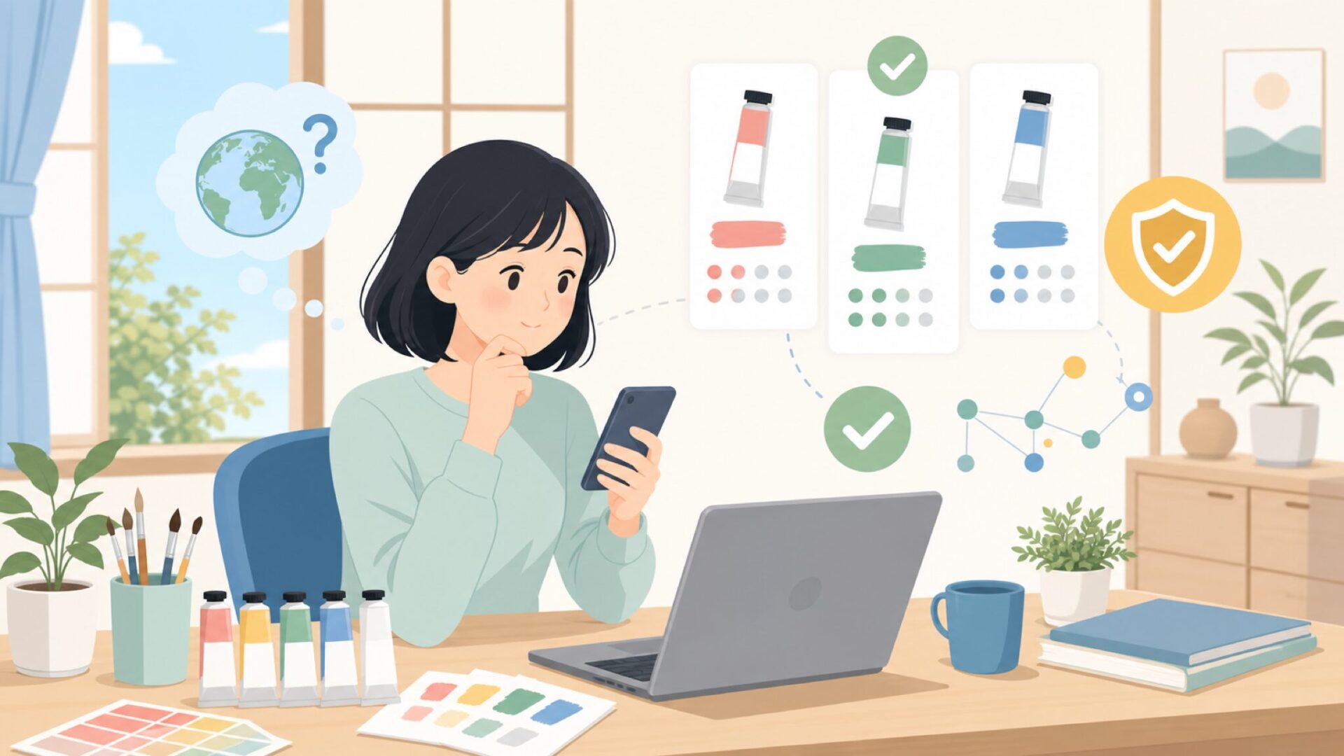 Goldenアクリル絵具はどこの国のブランド?信頼の背景を知るを表すイラスト