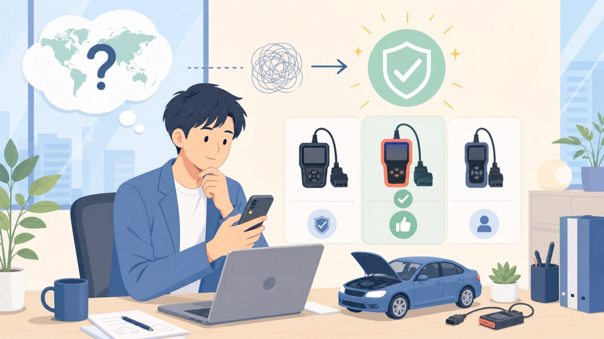 FOXWELL診断機はどこの国のメーカーが作っているのかを表すイラスト