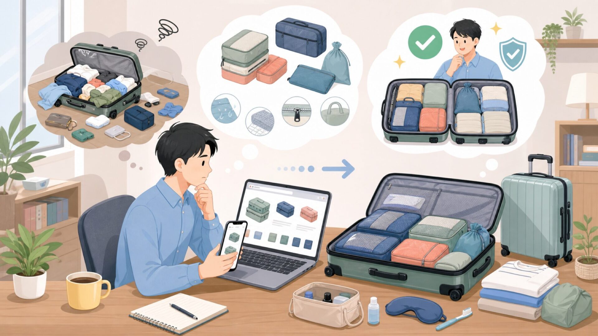 TravelWiseのパッキングキューブとは?特徴と商品ラインアップを表すイラスト