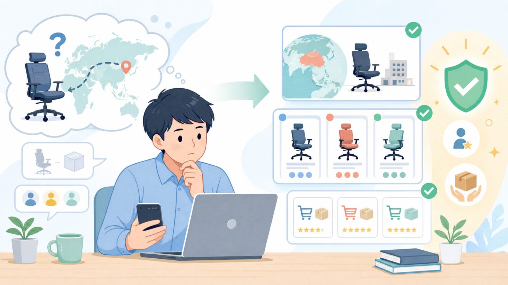 XXISHEオフィスチェアはどこの国のブランド？販売元を確認するを表すイラスト