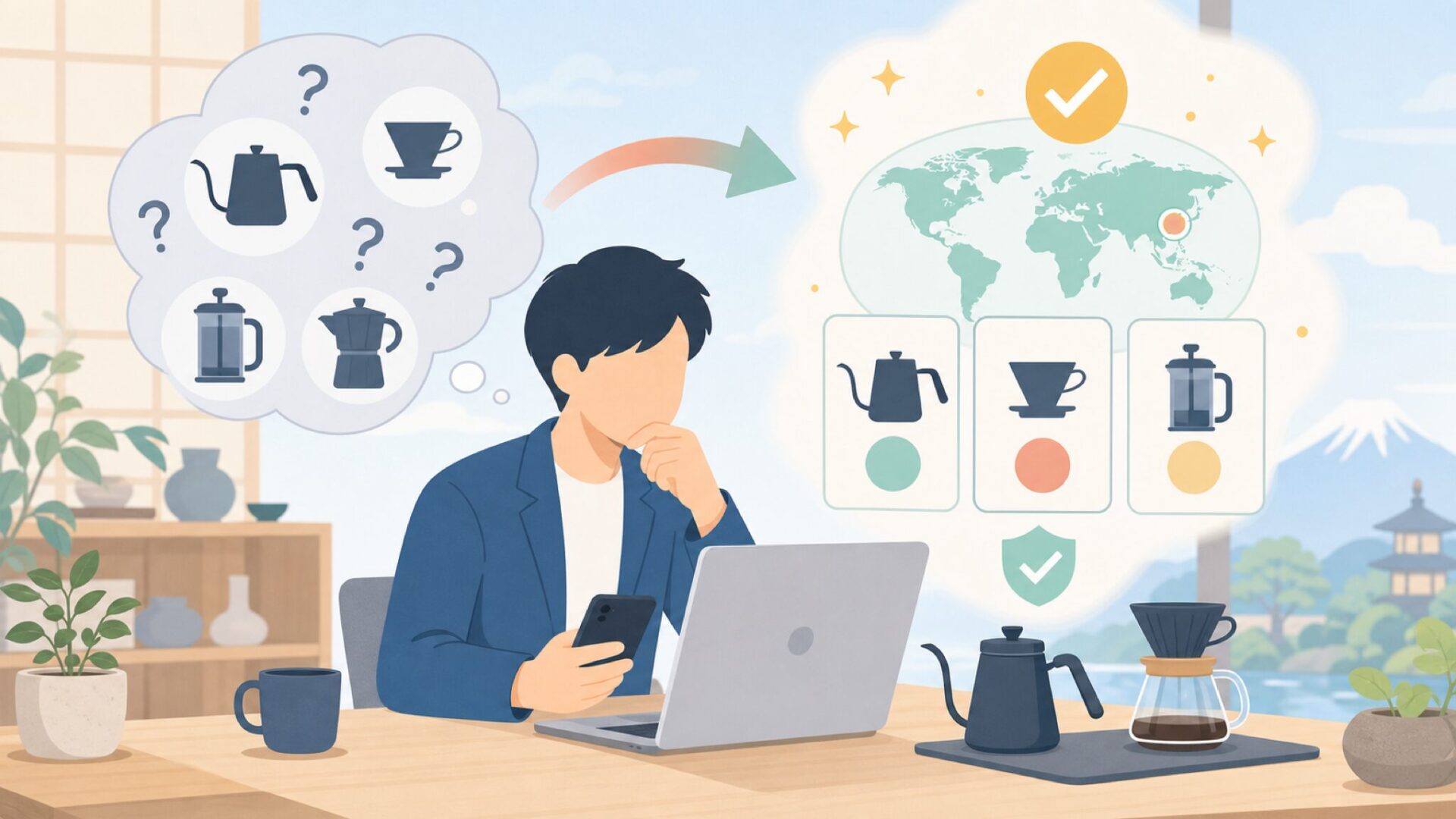 IKAPEはどこの国のコーヒー器具ブランドなのかを表すイラスト