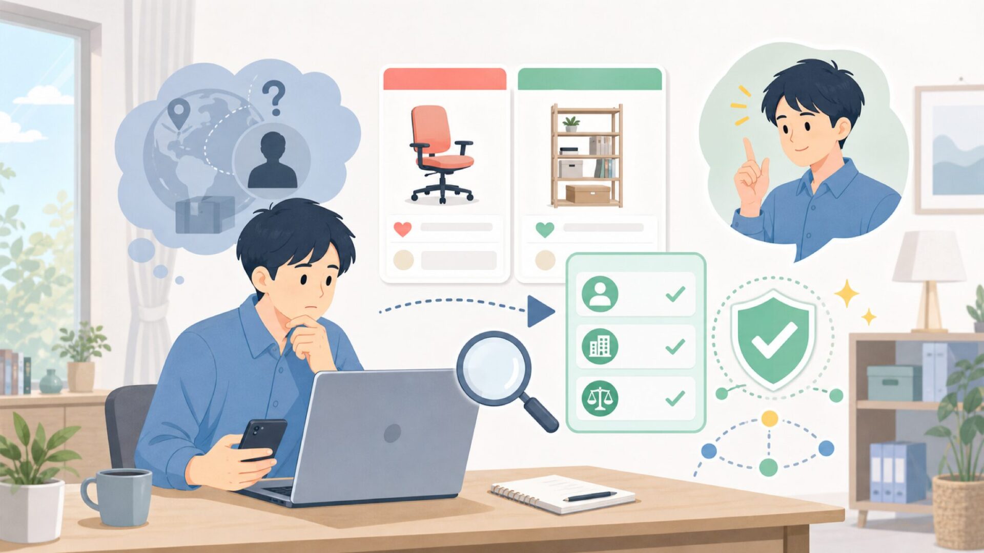 Yaheetechはどこの国の会社?運営元と特定商取引法表記からわかることを表すイラスト