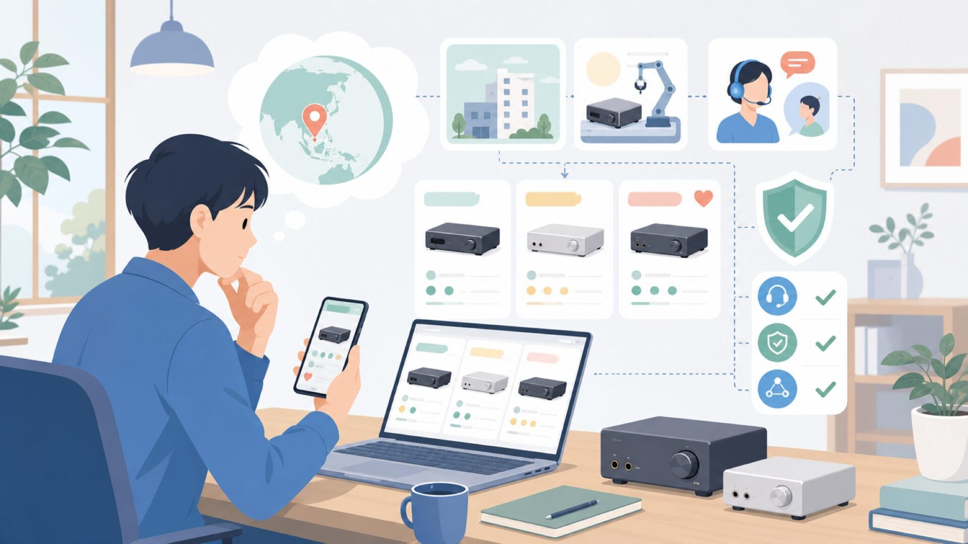 Fosi Audioはどこの国のブランド?会社概要とサポート体制を表すイラスト