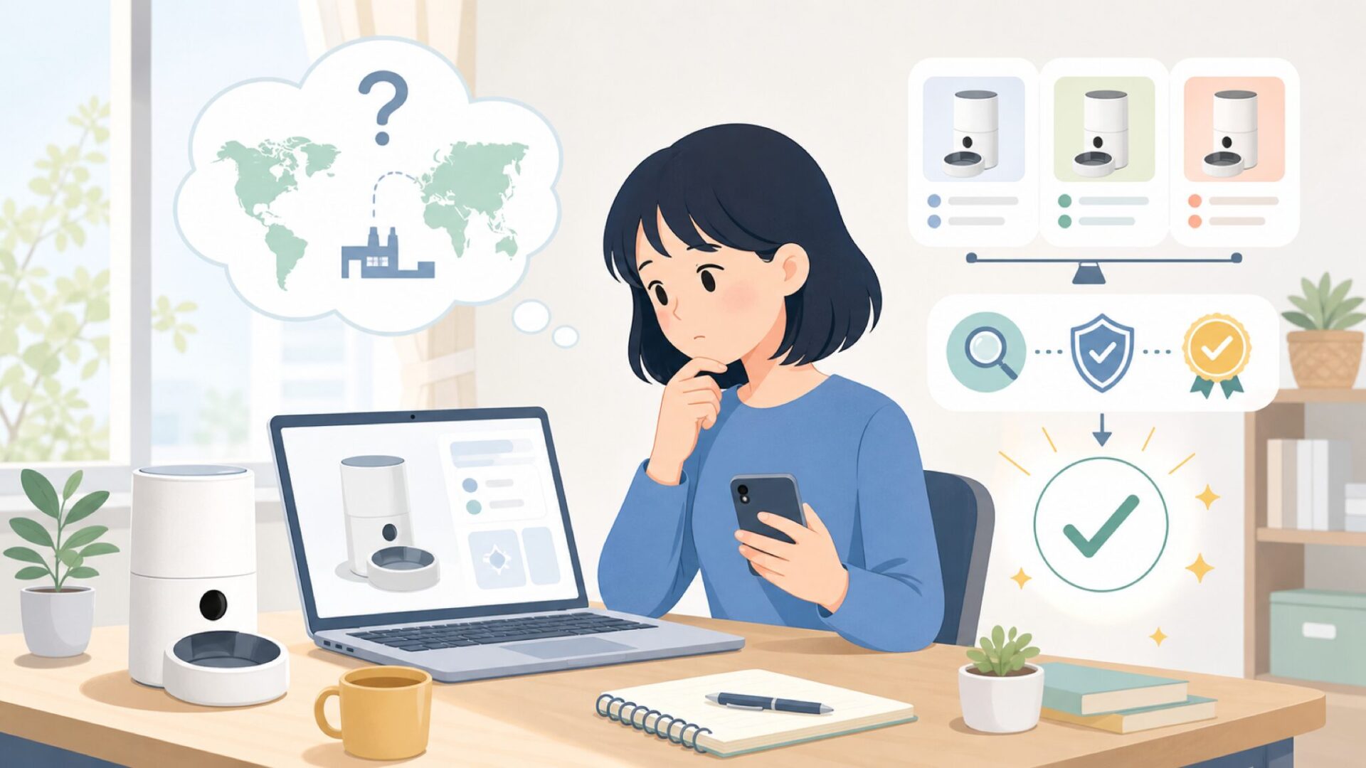 Yuposl自動給餌器はどこの国の会社が作っている？を表すイラスト