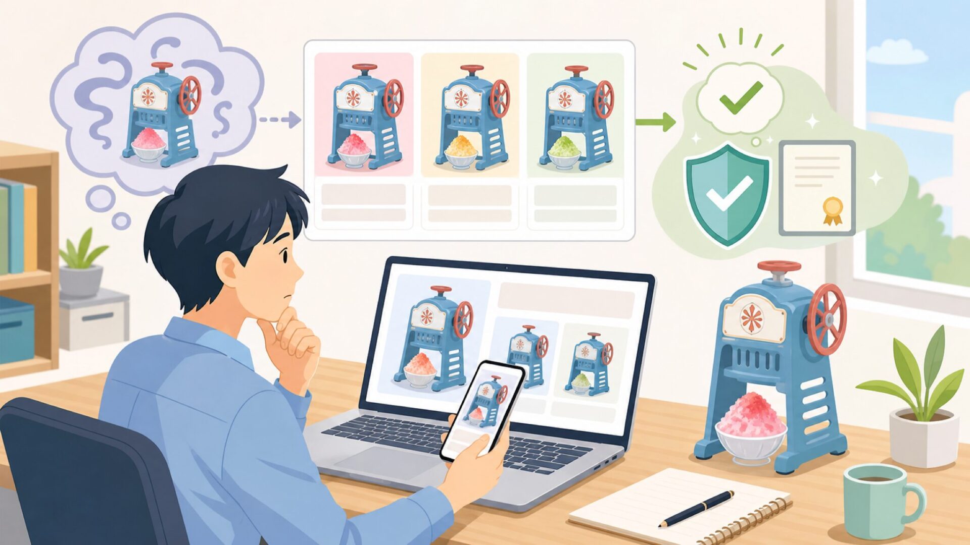 Pudibeiかき氷機を前に「どこの国?」と迷ってしまう理由を表すイラスト