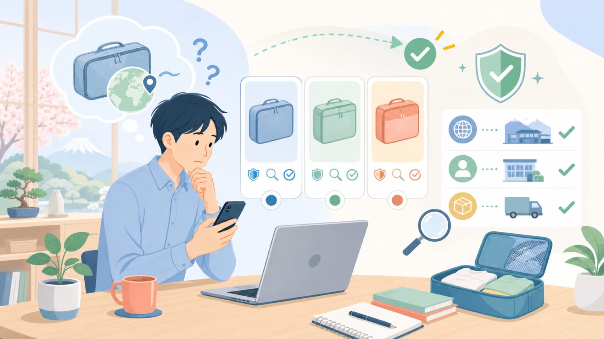 BAGAILはどこの国の圧縮袋ブランド？販売元を確認する3つの視点を表すイラスト