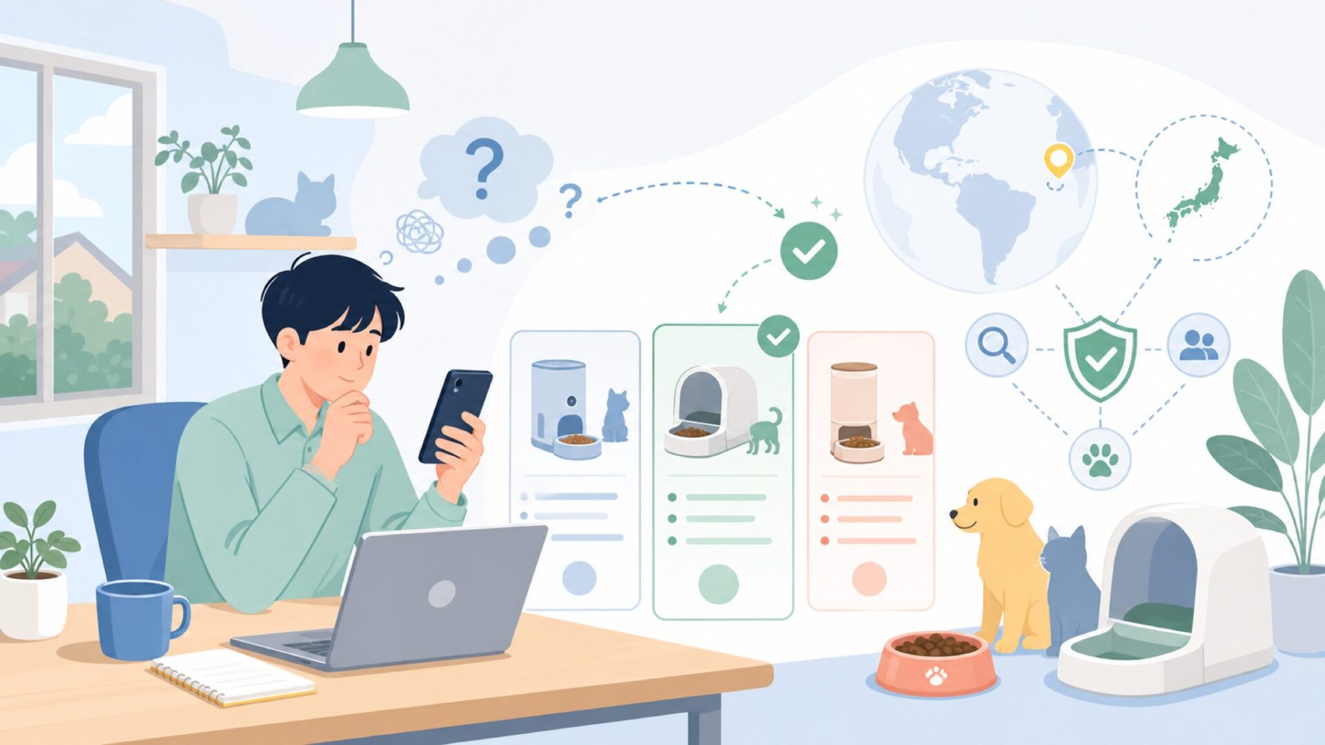 SureFeedはどこの国のブランド？ペット用品としての基本情報を表すイラスト