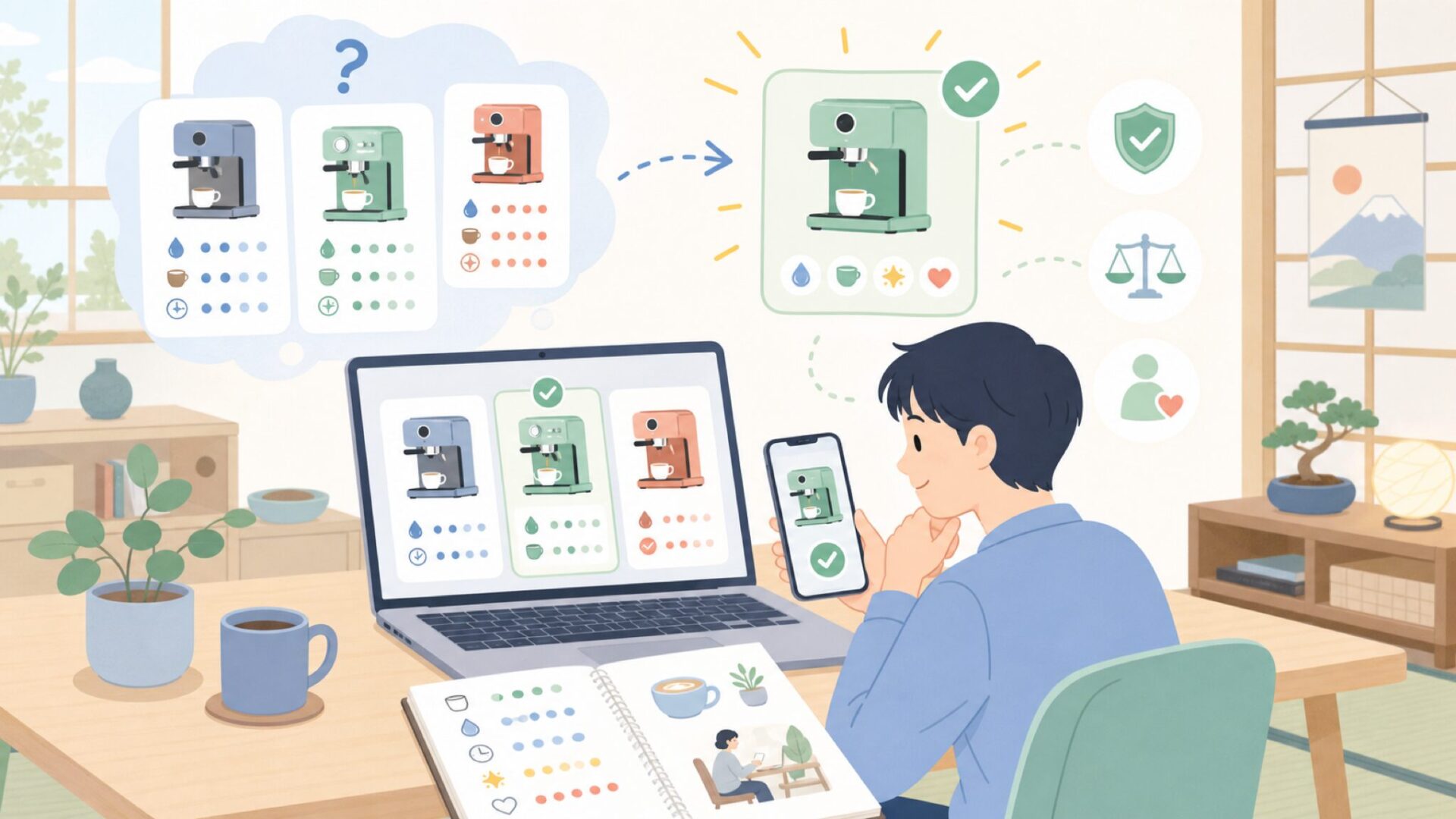 KOTLIEのエスプレッソマシンは何ができる?特徴をチェックを表すイラスト