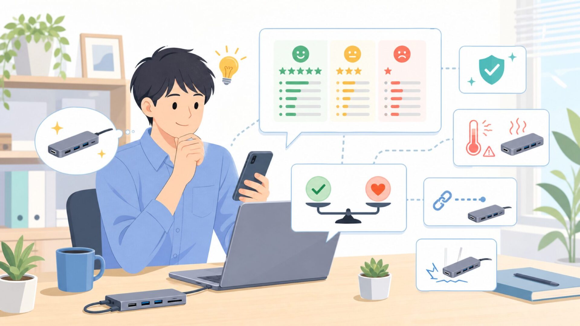 NEWQ USB-Cハブは安全に使える?信頼性を見極める4つの視点を表すイラスト