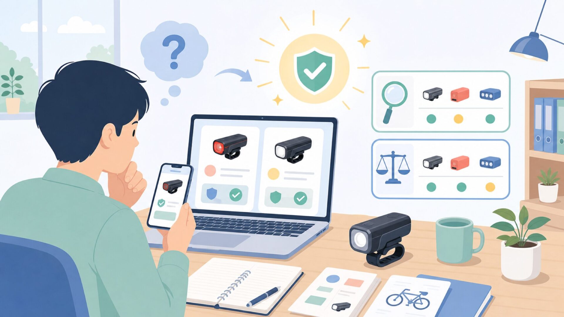 Blitzuの自転車ライトは安全に使える？信頼性を見極める2つの視点を表すイラスト