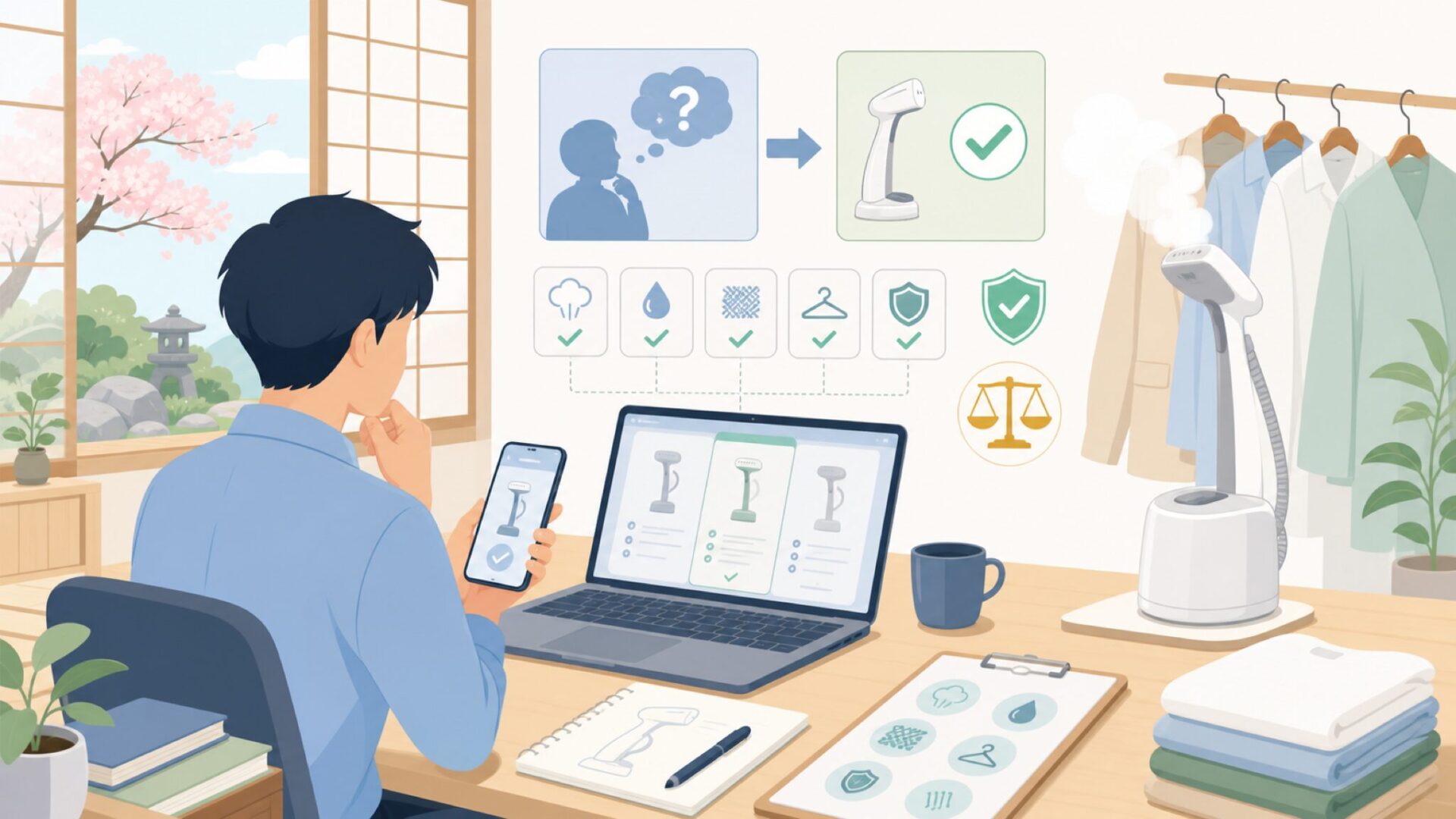 Beautural衣類スチーマーの基本スペックと特徴を表すイラスト