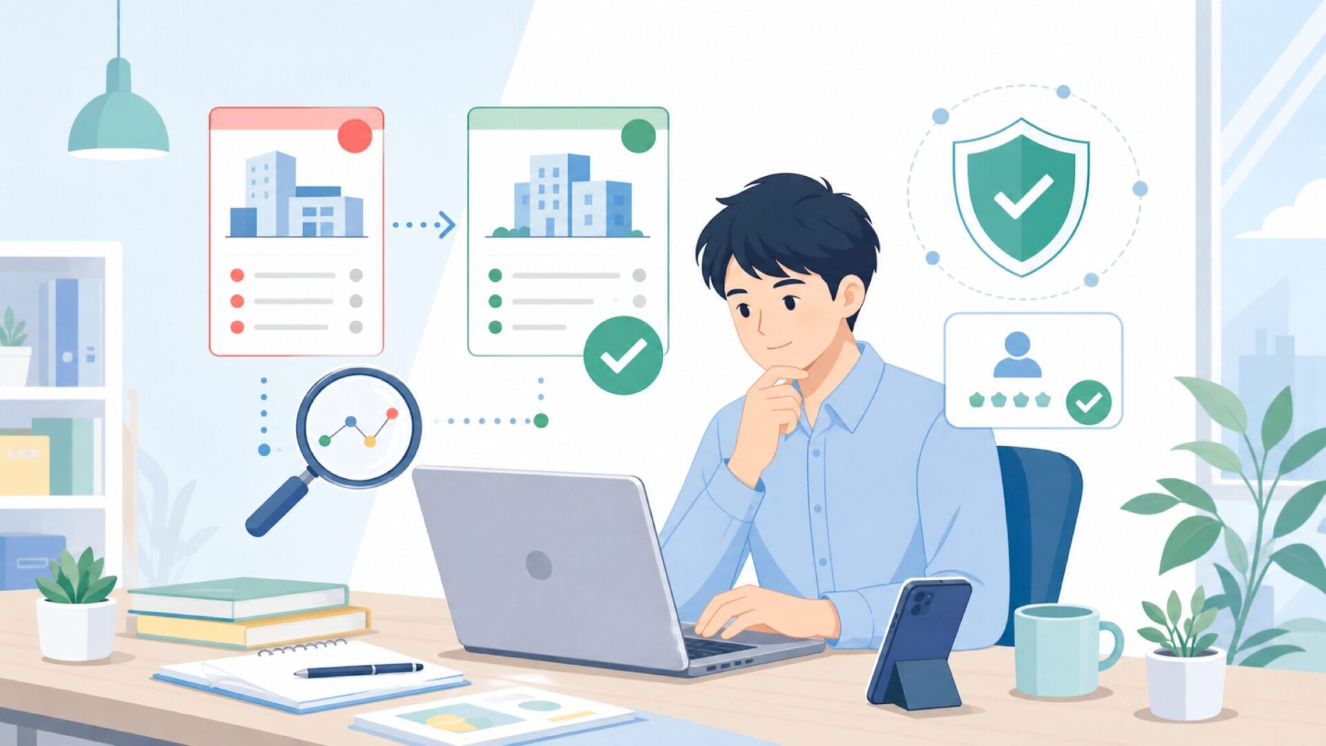 AMTASTという会社の実体を確認する方法を表すイラスト