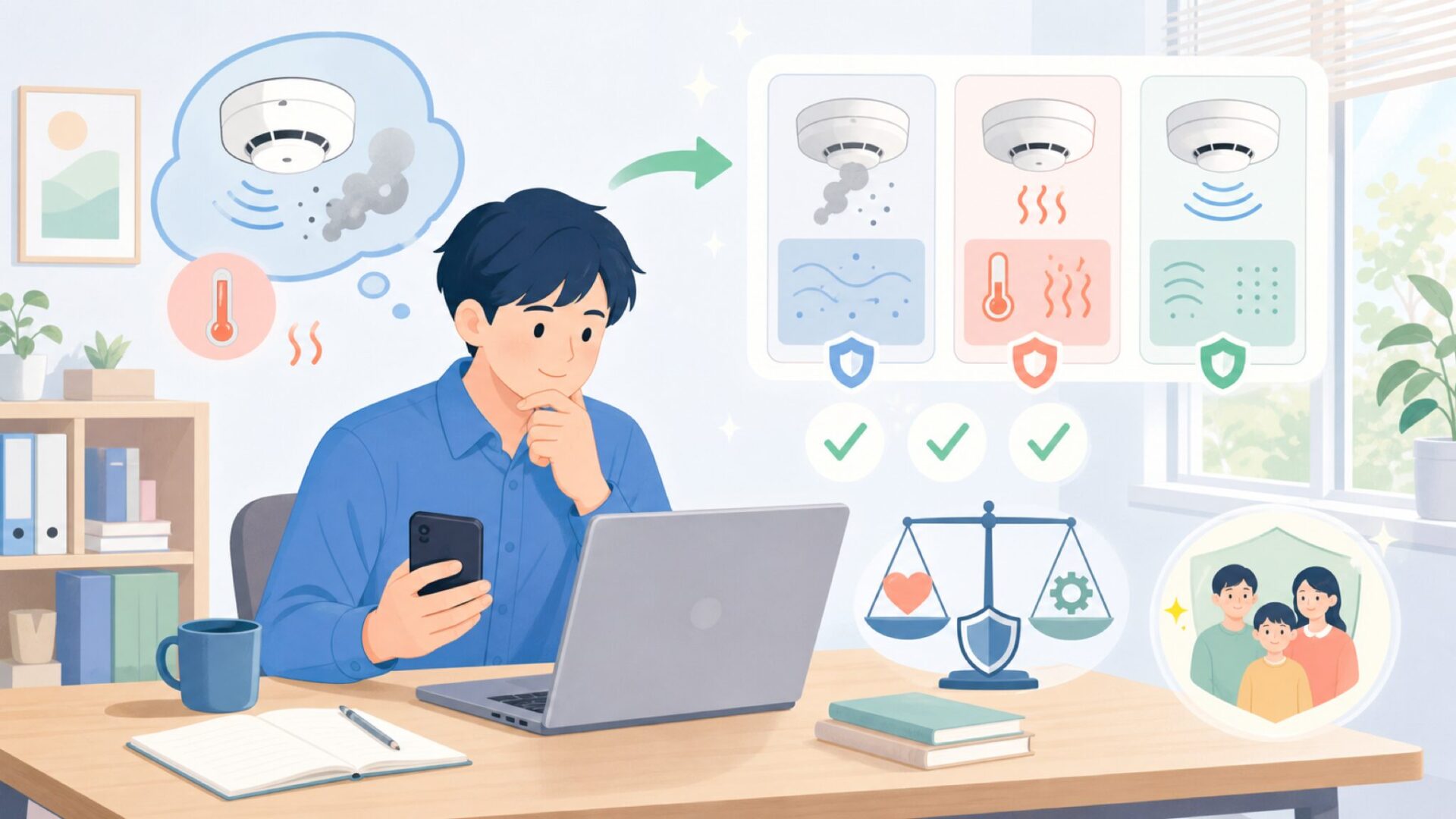 煙感知器の検知方式をまず理解するを表すイラスト