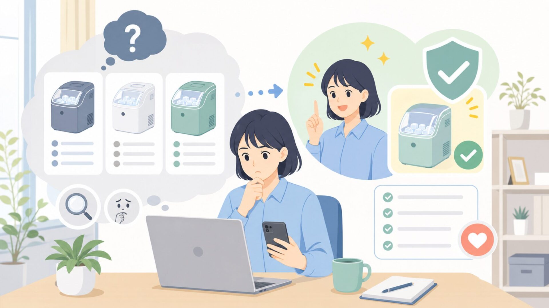 Kismile製氷機は怪しい?購入前にチェックすべきポイントを表すイラスト