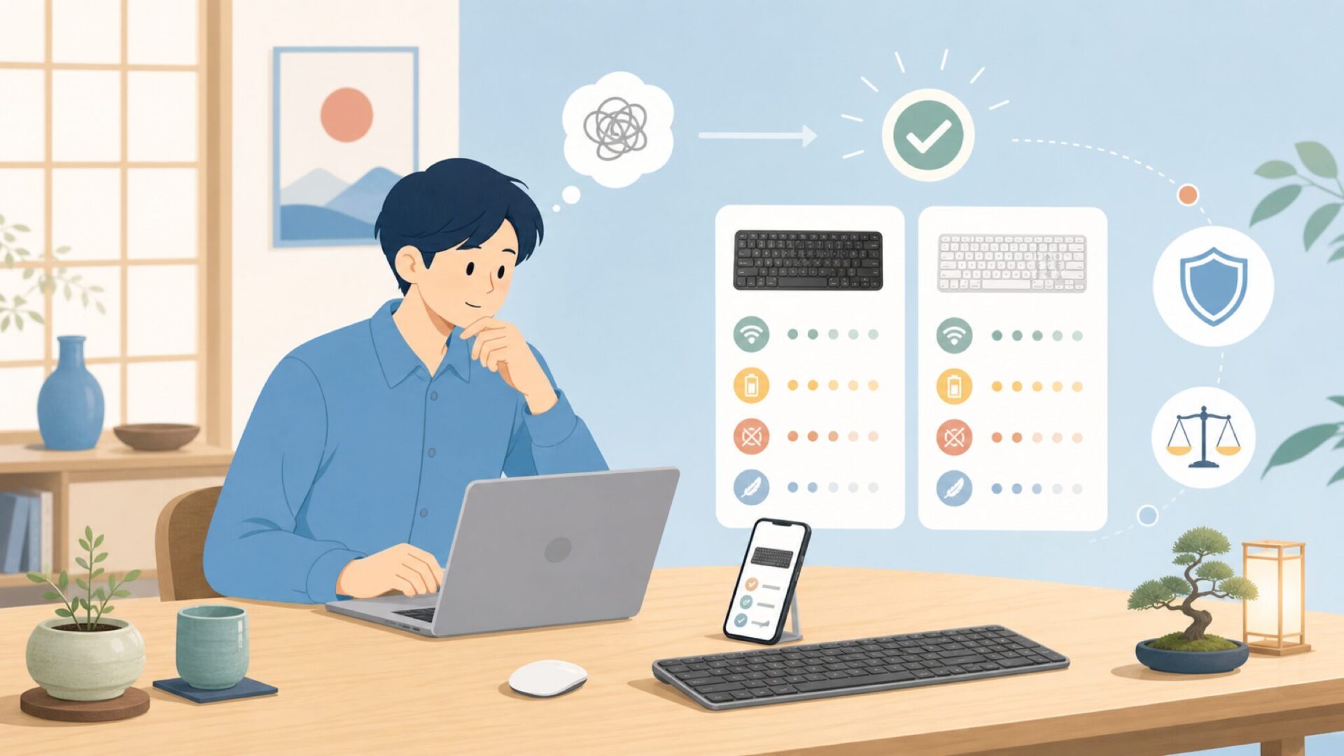 seendaワイヤレスキーボードのスペックと基本性能を表すイラスト
