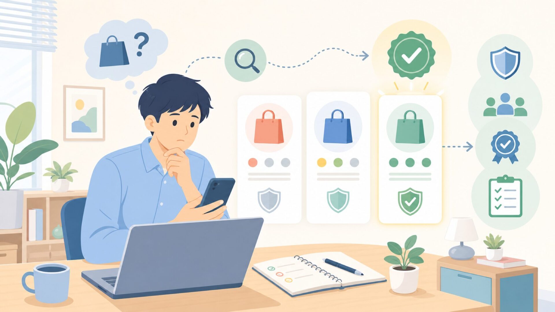 MUSICOZYは怪しい?信頼度を見極める4つのチェックポイントを表すイラスト