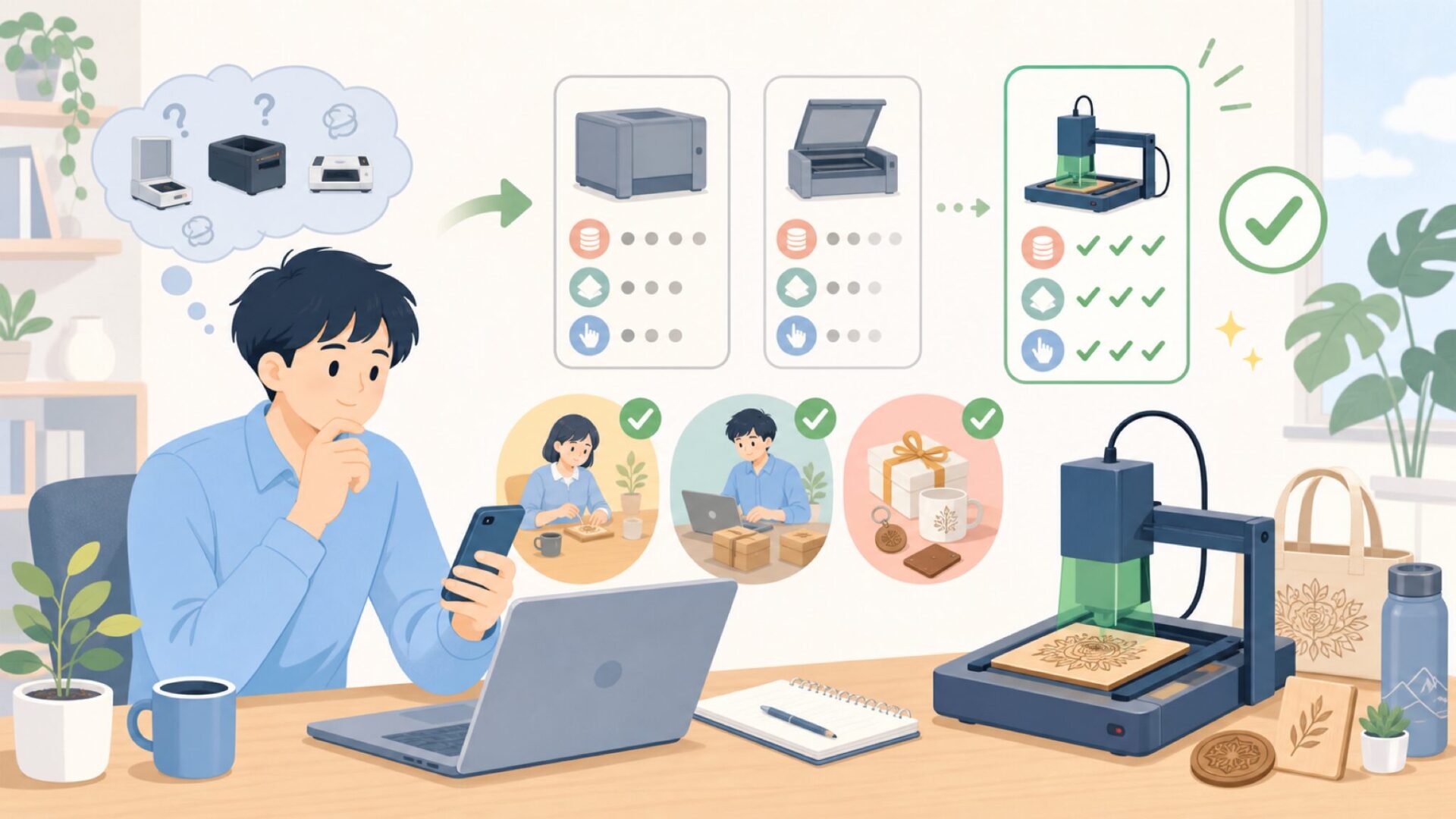 WAINLUXのレーザー彫刻機が選ばれる理由と特徴を表すイラスト