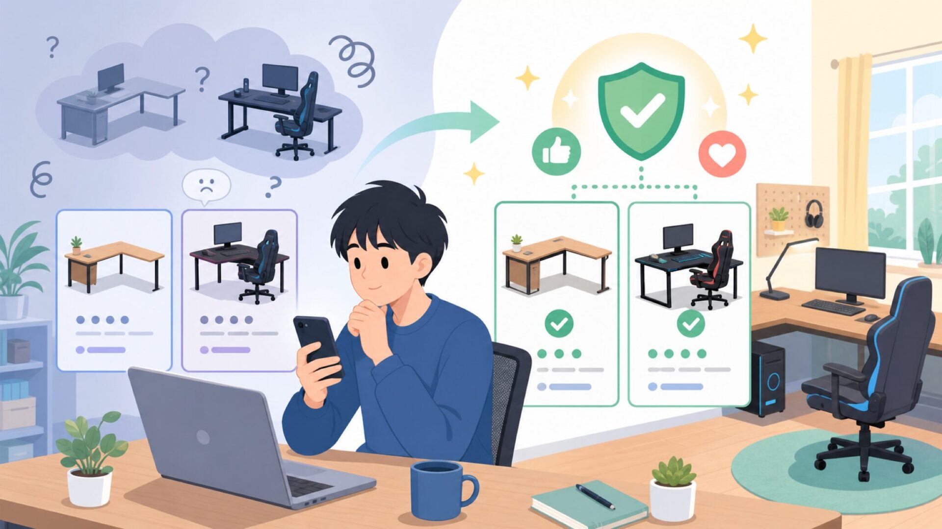 CubiCubiのL字デスク・ゲーミングデスクの評判を見極めるを表すイラスト