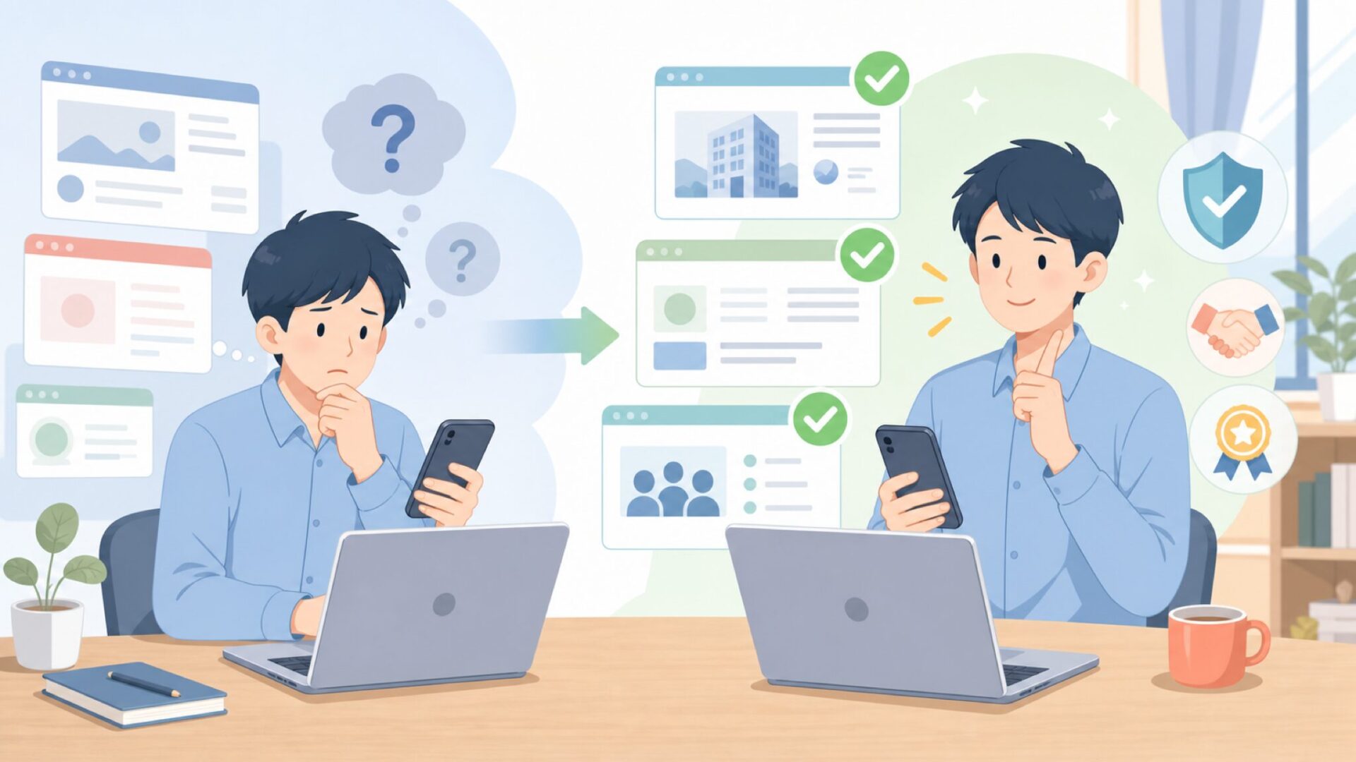 HeimVisionの公式サイトと会社情報を自分で確認する方法を表すイラスト