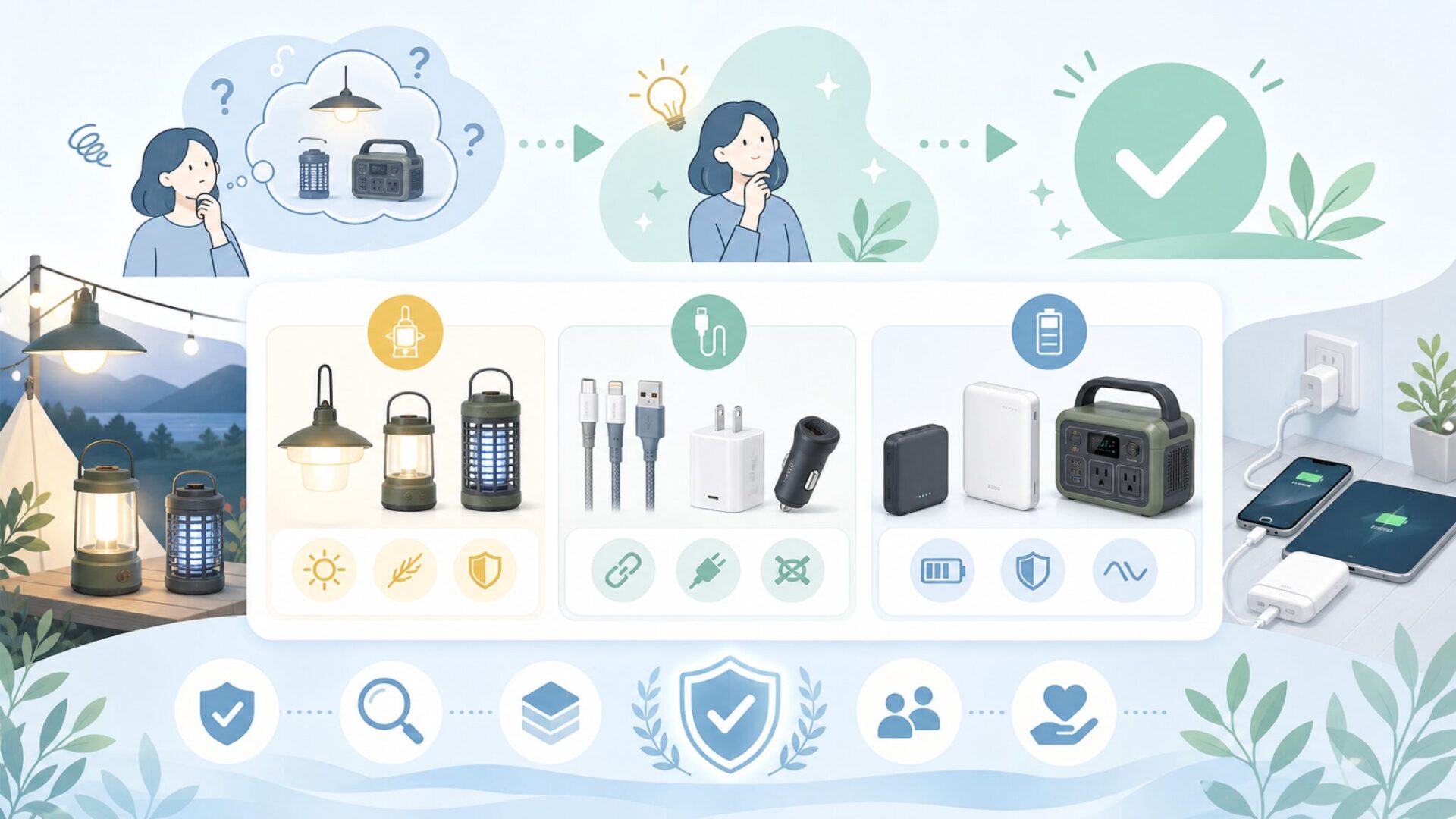 照明・虫除け・ポータブル電源—商品カテゴリごとの特徴を知るを表すイラスト