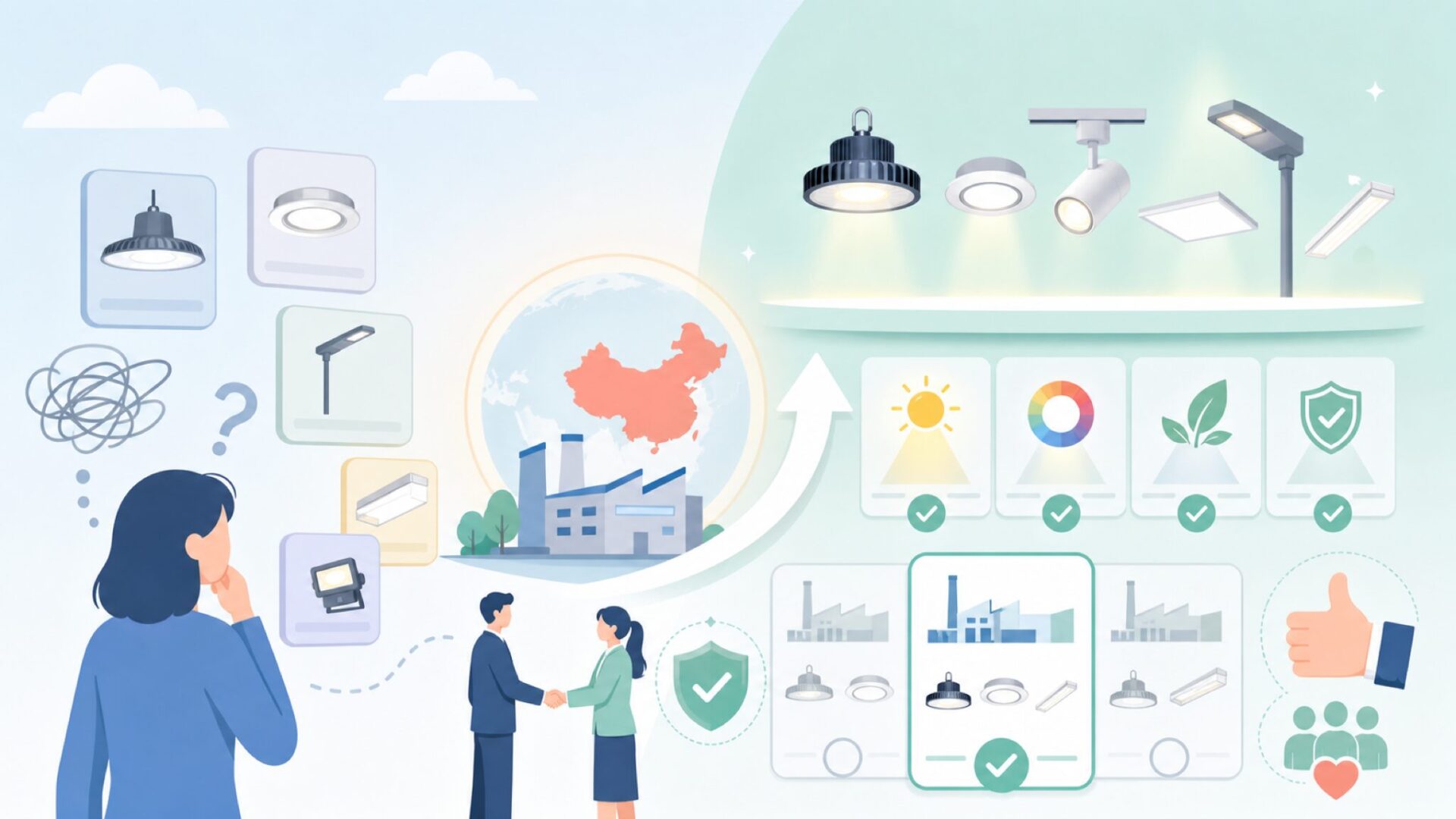 中国が照明OEM/ODMの調達先として選ばれる背景を表すイラスト